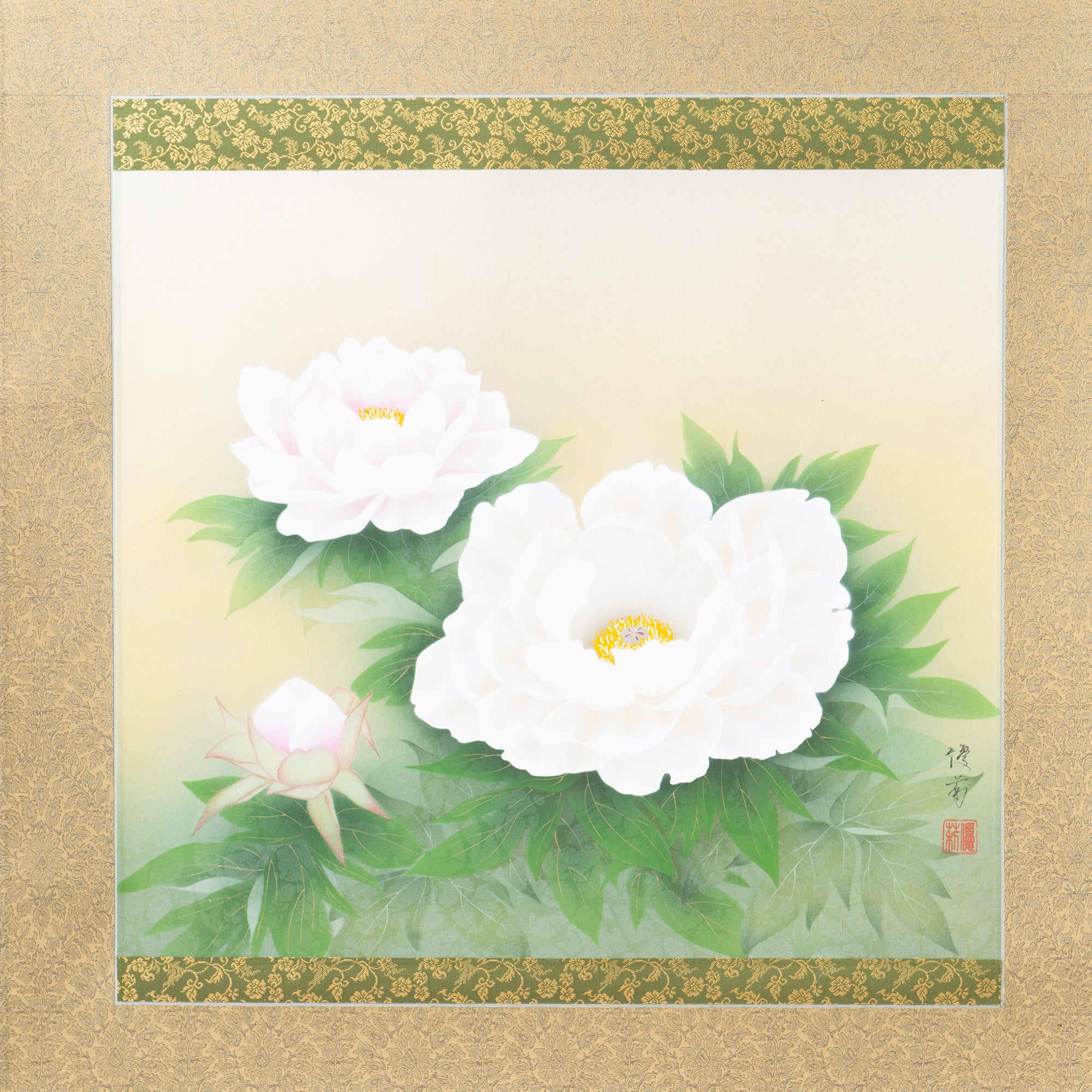 White Peonies Kakejiku Hanging Scroll