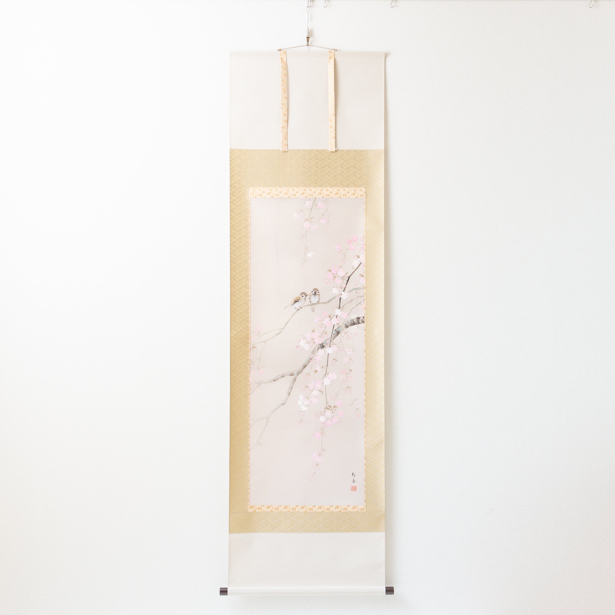 Cherry Blossoms and Sparrows Kakejiku Hanging Scroll