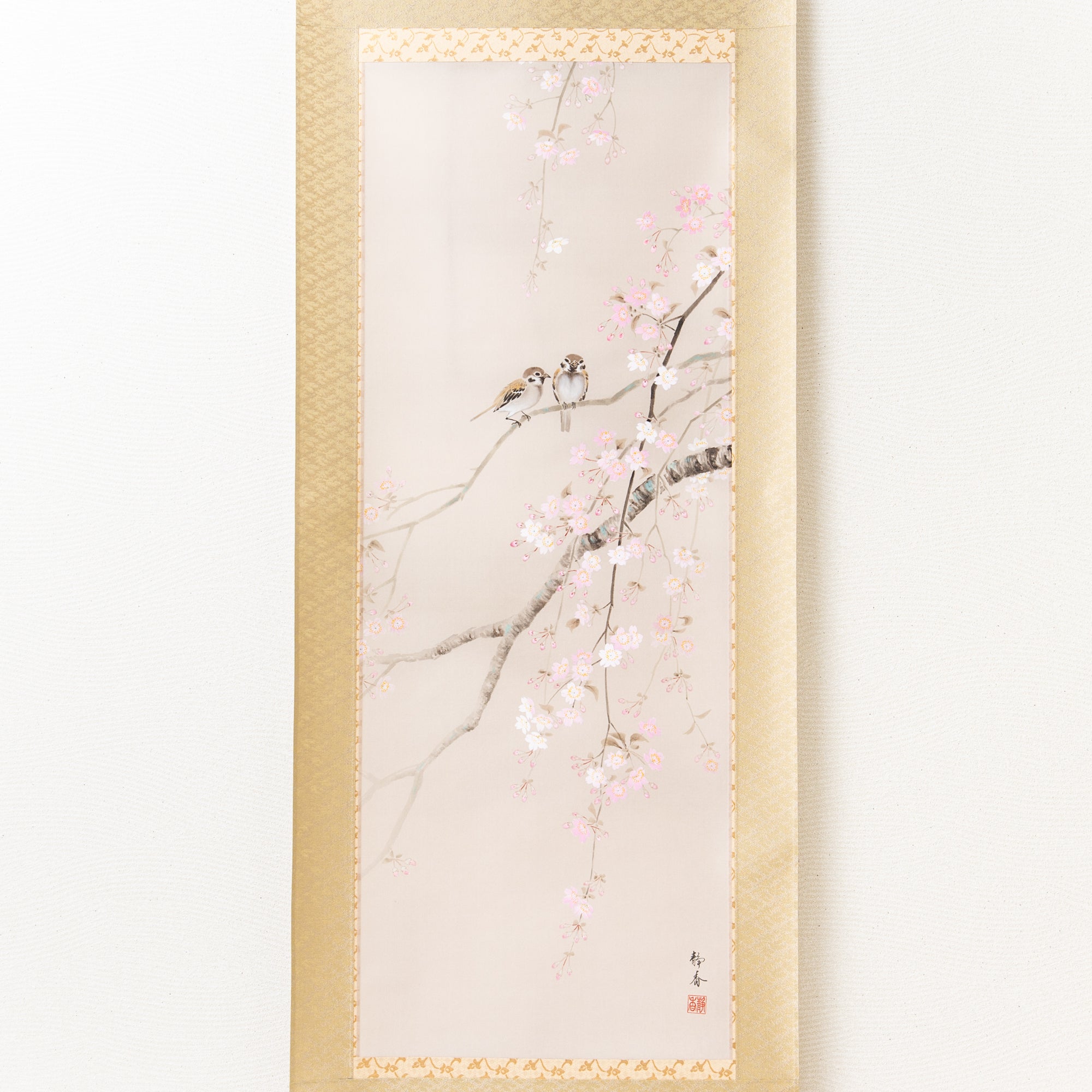 Cherry Blossoms and Sparrows Kakejiku Hanging Scroll