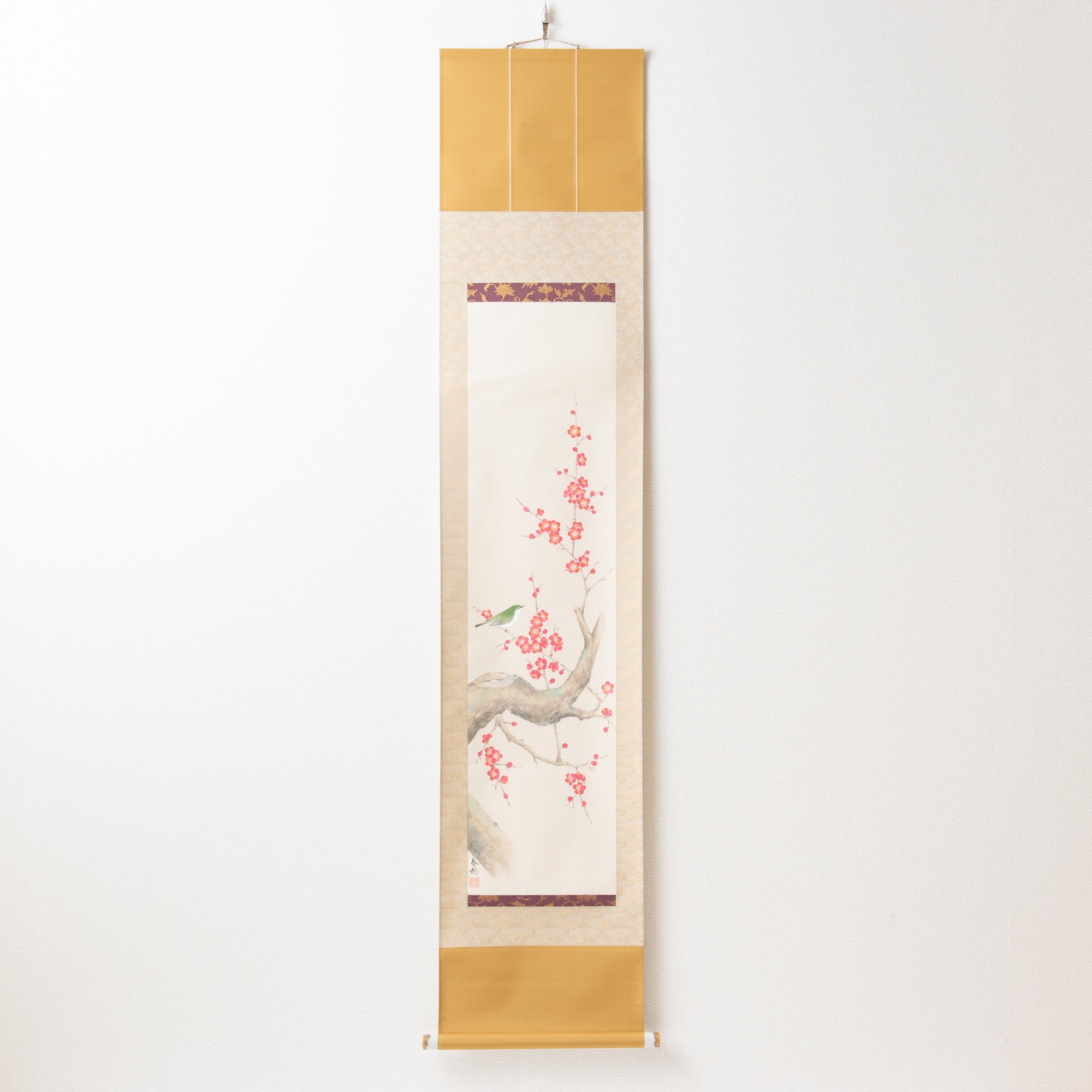 Red Plum Blossoms with Warbler Kakejiku Hanging Scroll
