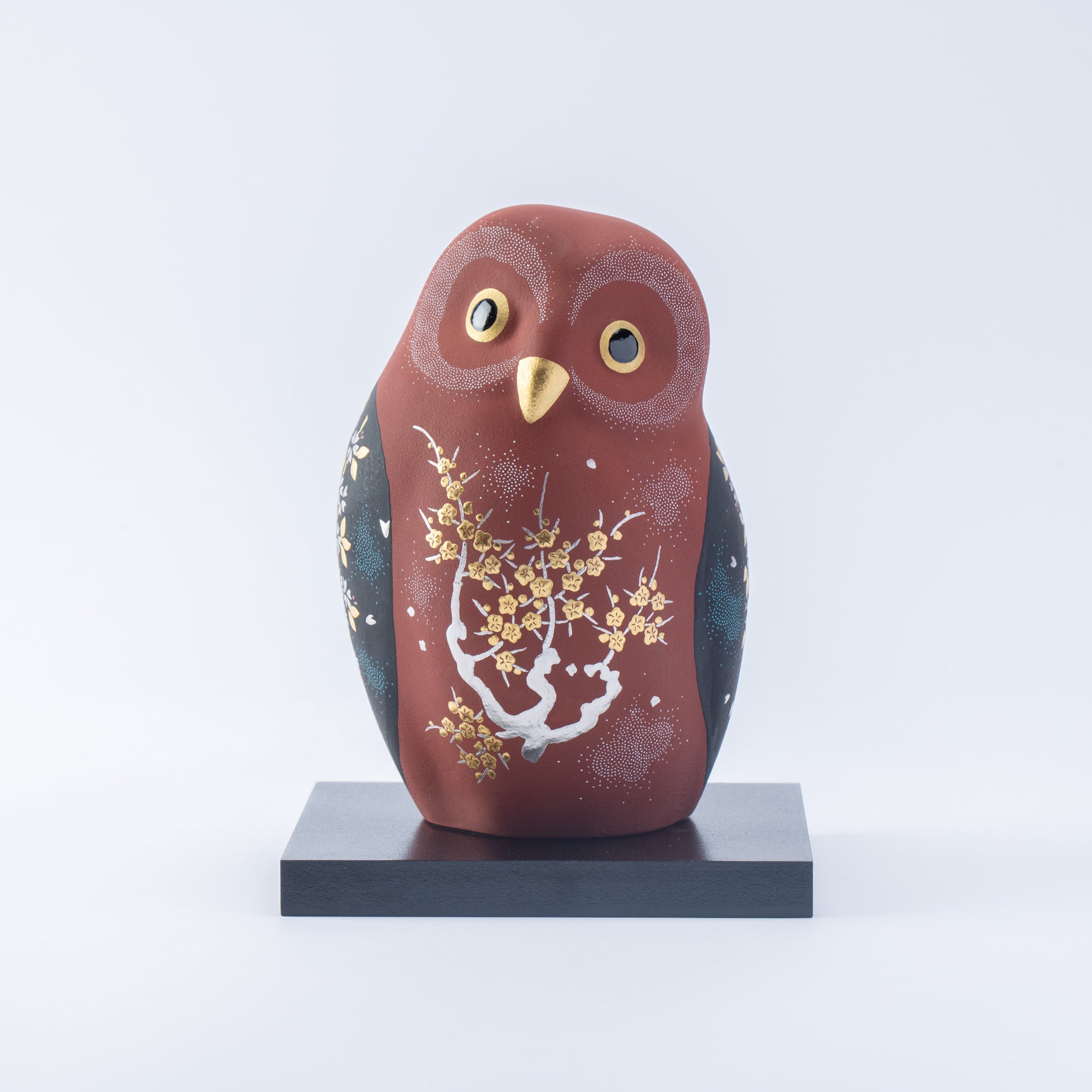 Red Morikin Sakura and Plum Blossom Shirochibu Owl Figurine