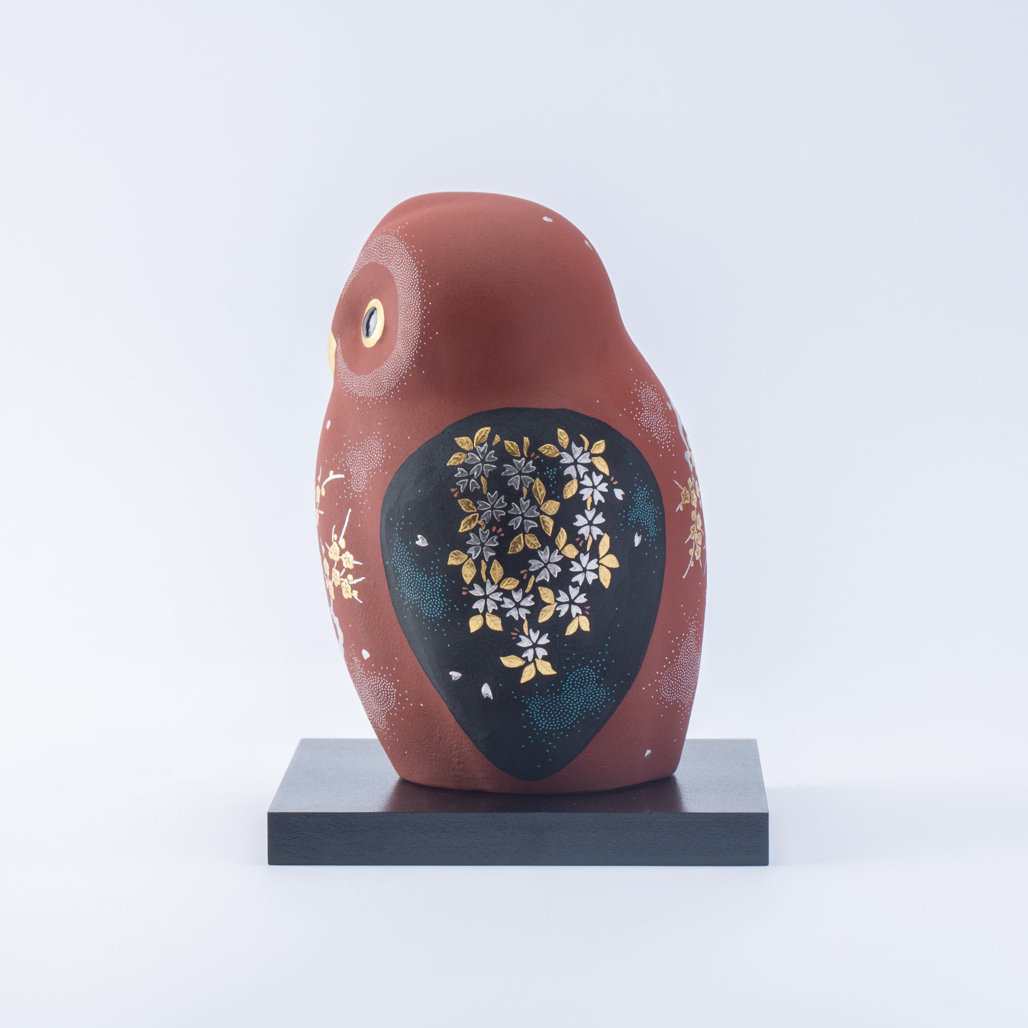 Red Morikin Sakura and Plum Blossom Shirochibu Owl Figurine