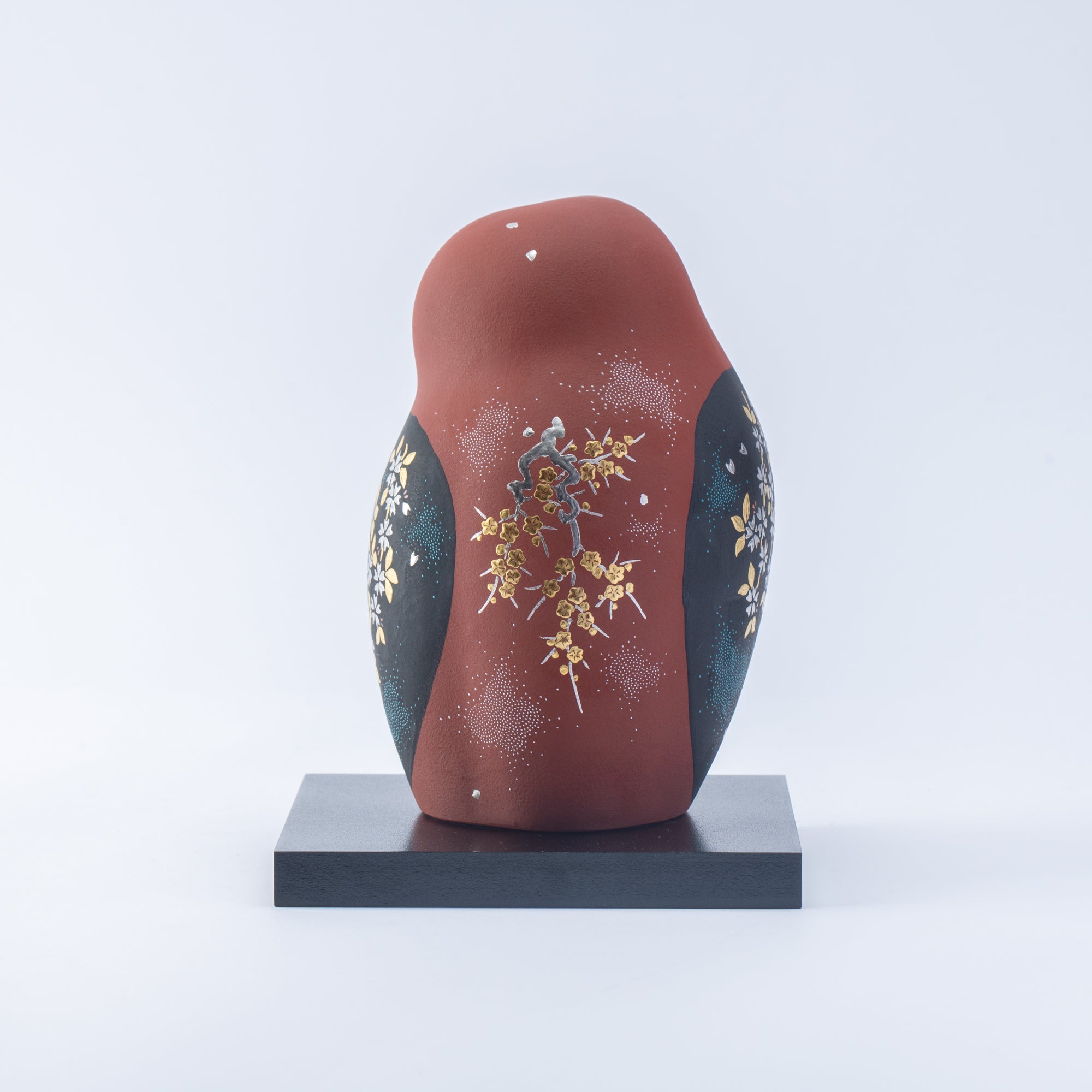 Red Morikin Sakura and Plum Blossom Shirochibu Owl Figurine