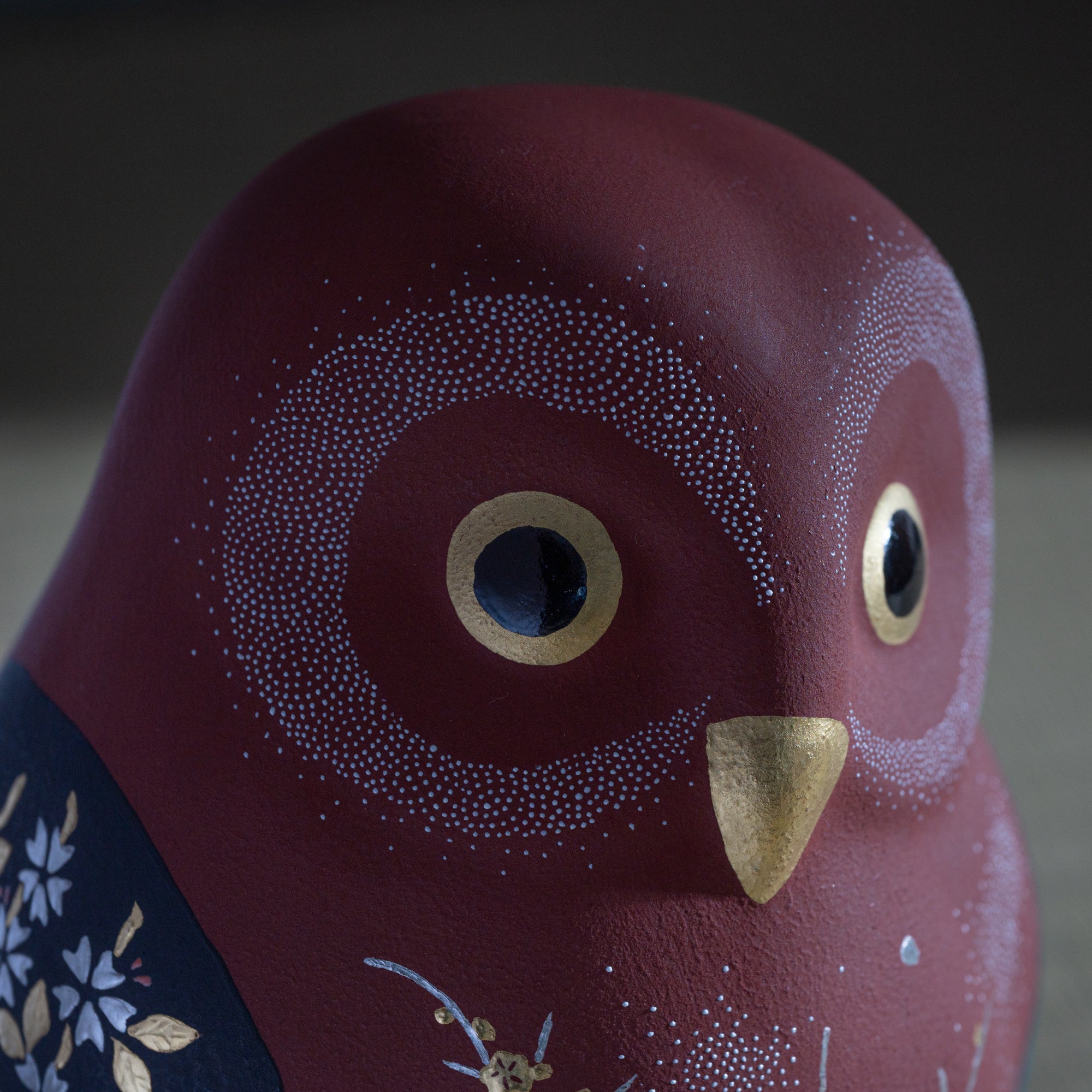 Red Morikin Sakura and Plum Blossom Shirochibu Owl Figurine