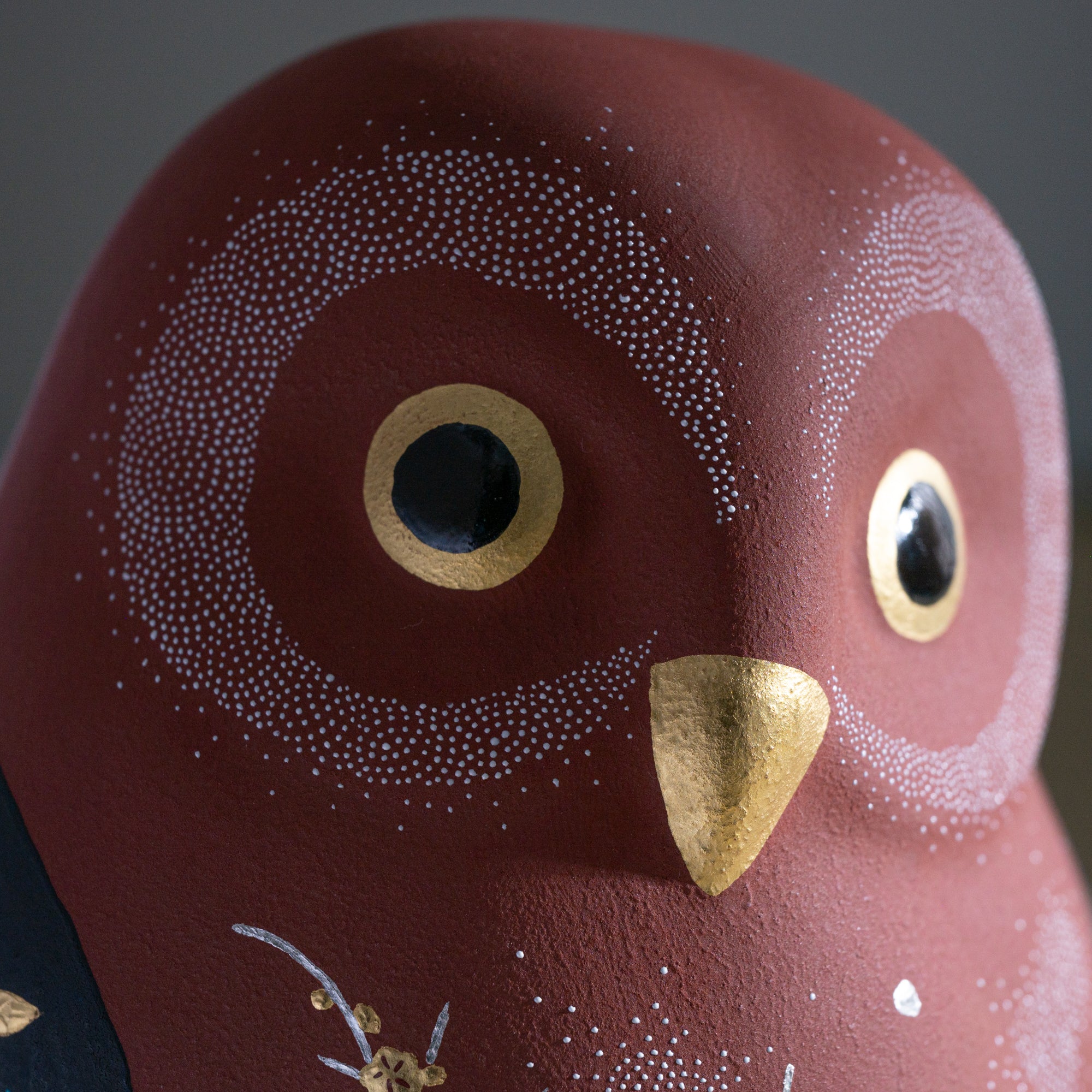 Red Morikin Sakura and Plum Blossom Shirochibu Owl Figurine
