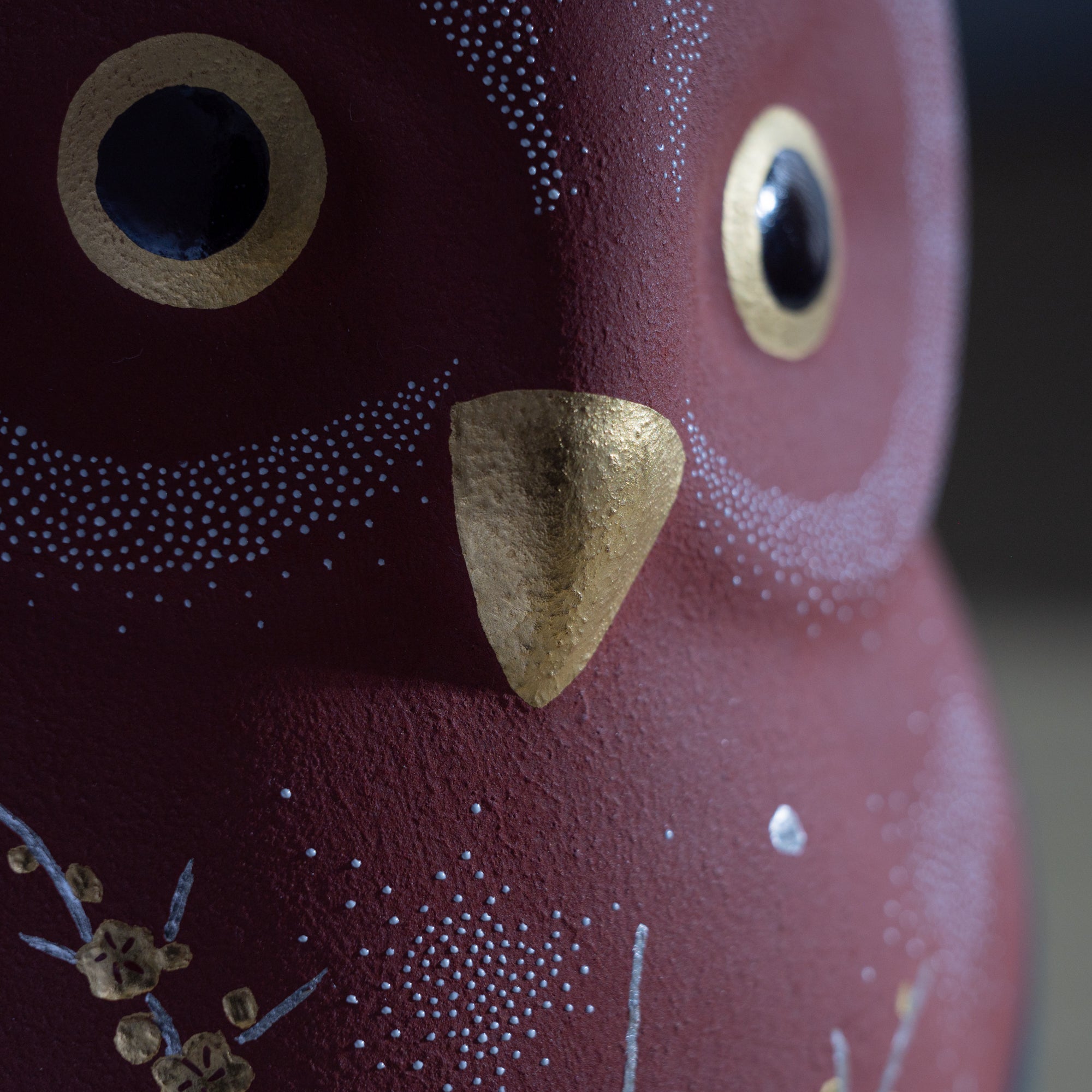 Red Morikin Sakura and Plum Blossom Shirochibu Owl Figurine