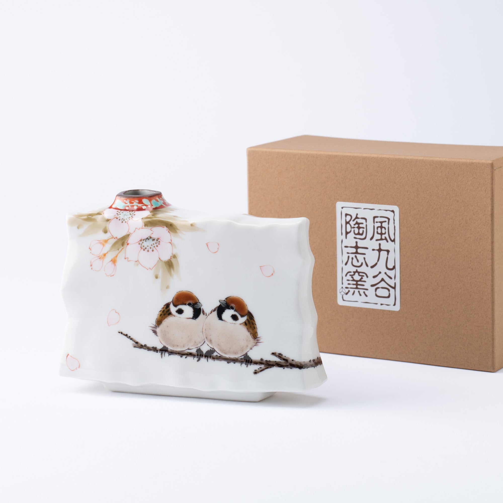 Cherry Blossom and Twin Sparrows Japanese Flower Vase