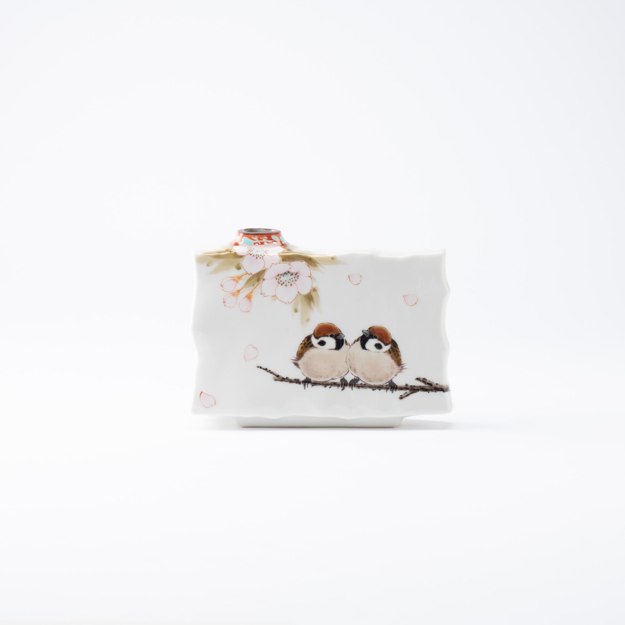 Cherry Blossom and Twin Sparrows Japanese Flower Vase