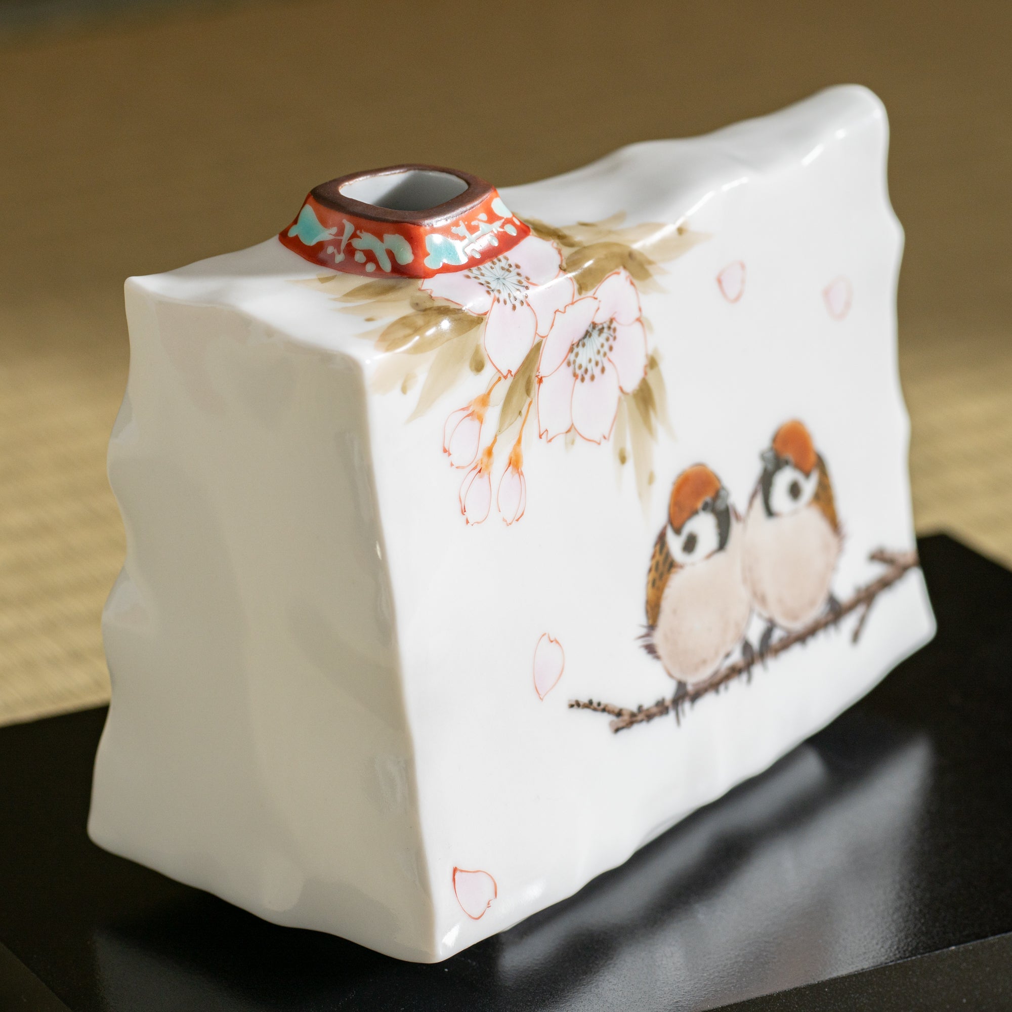 Cherry Blossom and Twin Sparrows Japanese Flower Vase