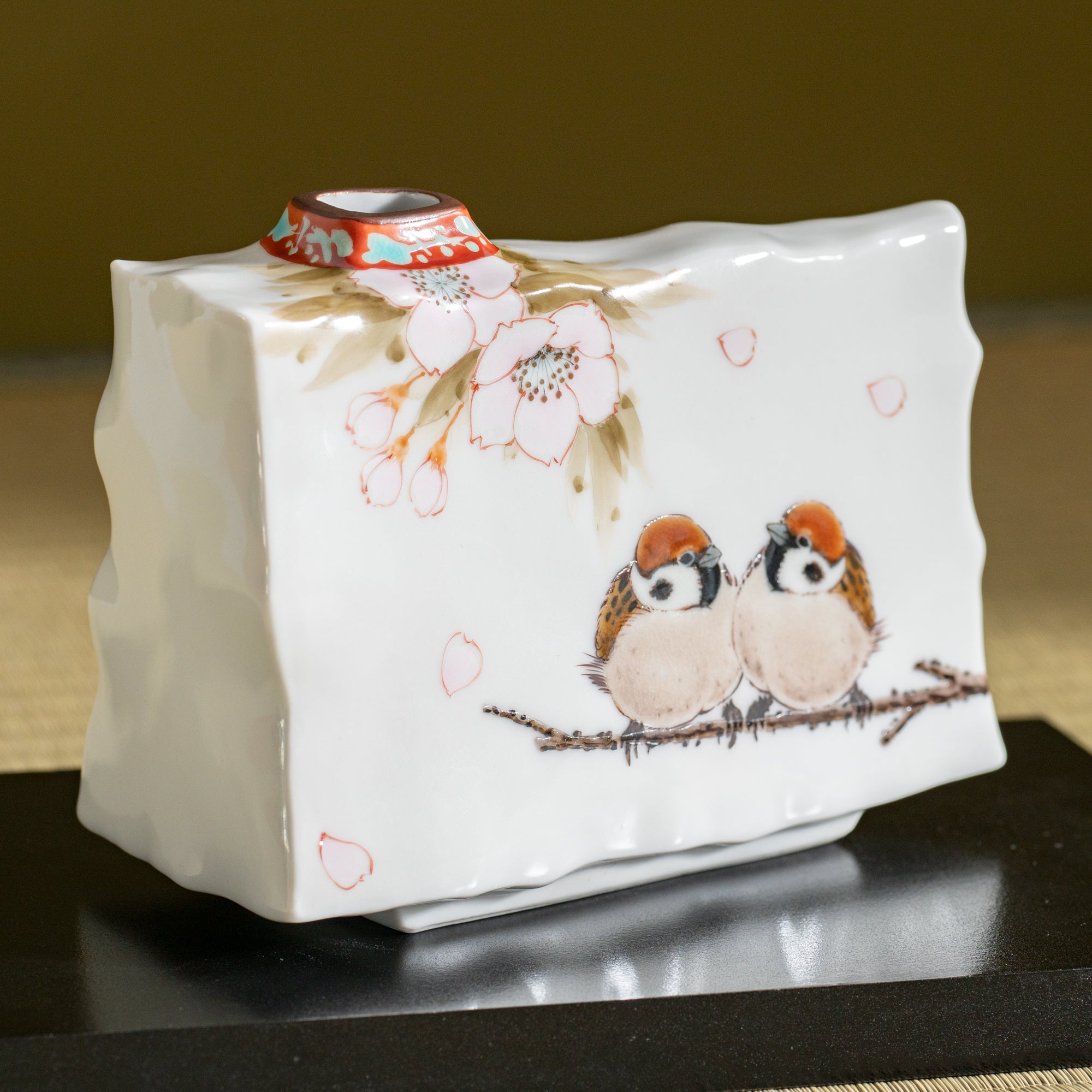 Cherry Blossom and Twin Sparrows Japanese Flower Vase