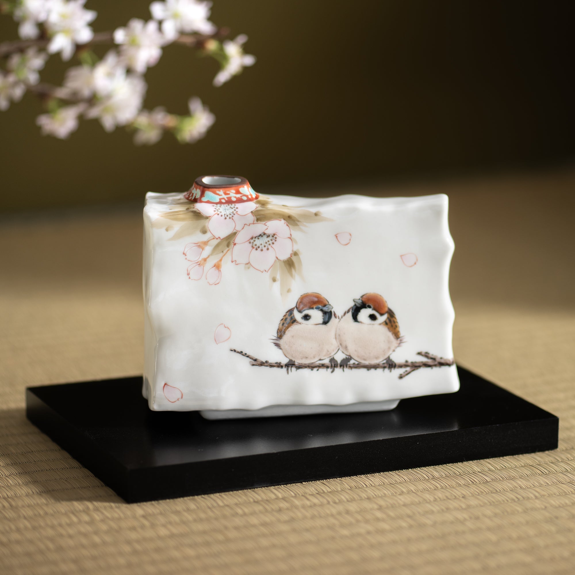 Cherry Blossom and Twin Sparrows Japanese Flower Vase