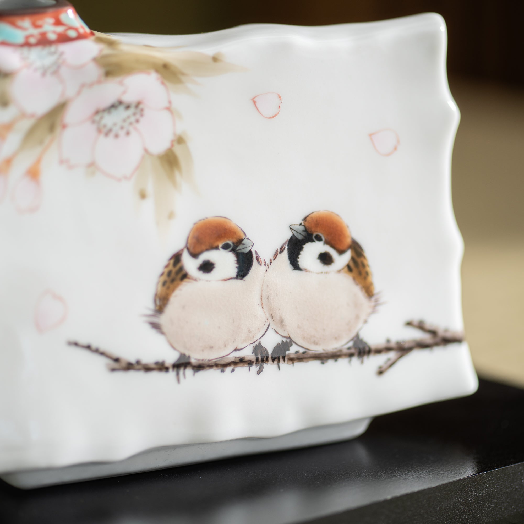 Cherry Blossom and Twin Sparrows Japanese Flower Vase