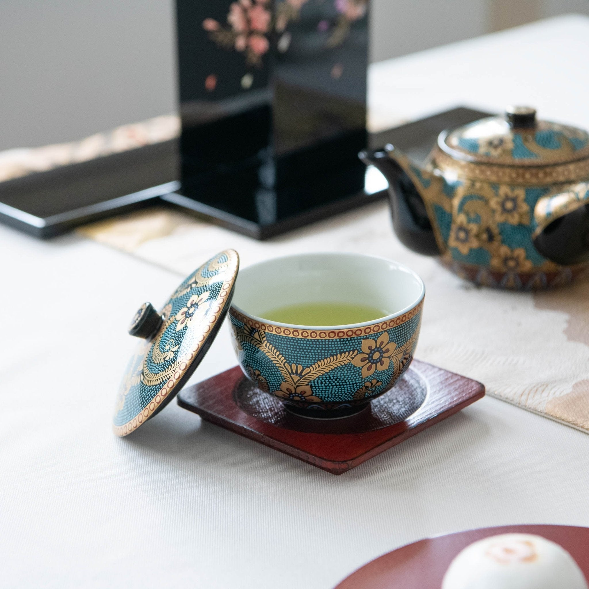 Aochibu and Gold Arabesque Kutani Japanese Teapot Set - MUSUBI KILN - Quality Japanese Tableware and Gift