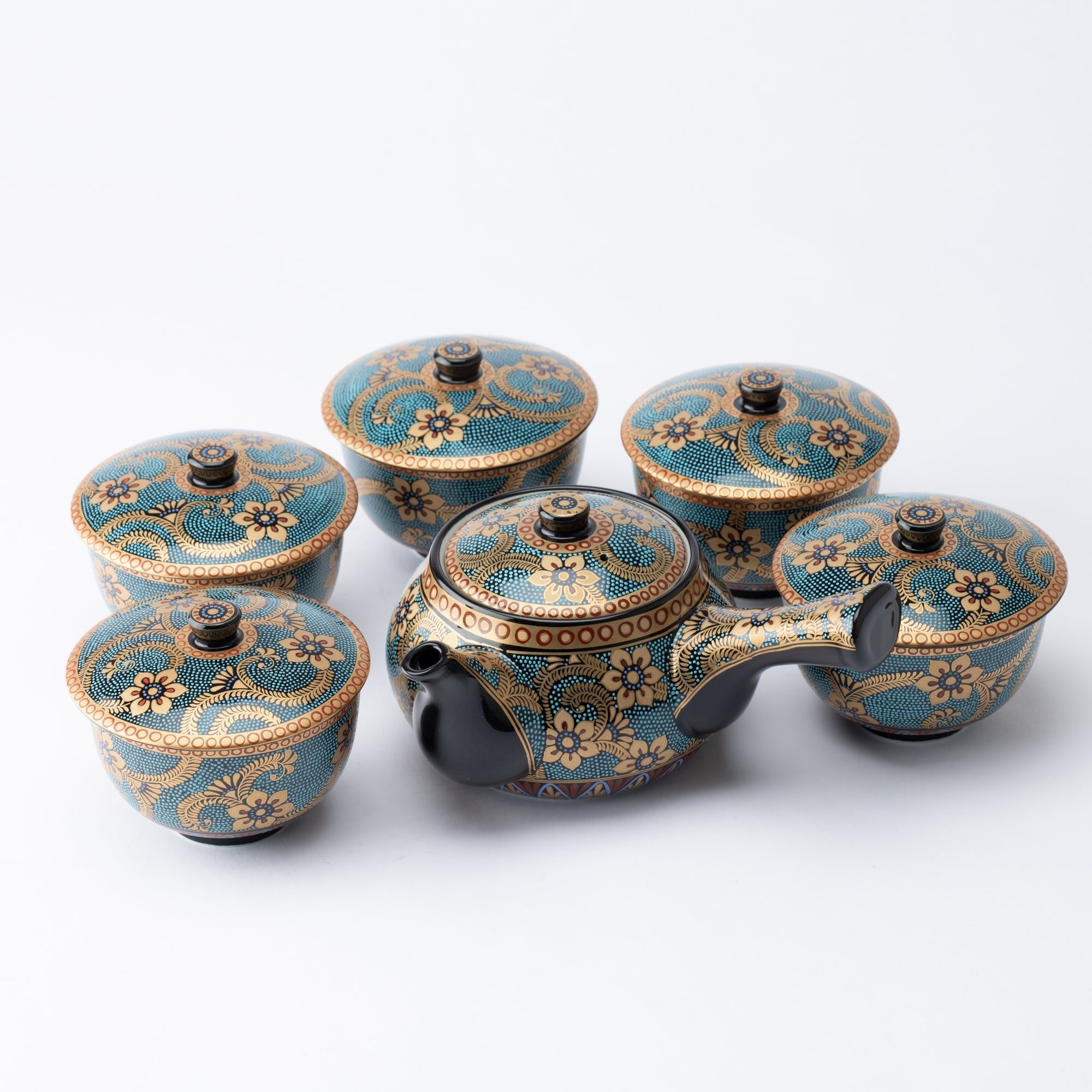 Aochibu and Gold Arabesque Kutani Japanese Teapot Set - MUSUBI KILN - Quality Japanese Tableware and Gift