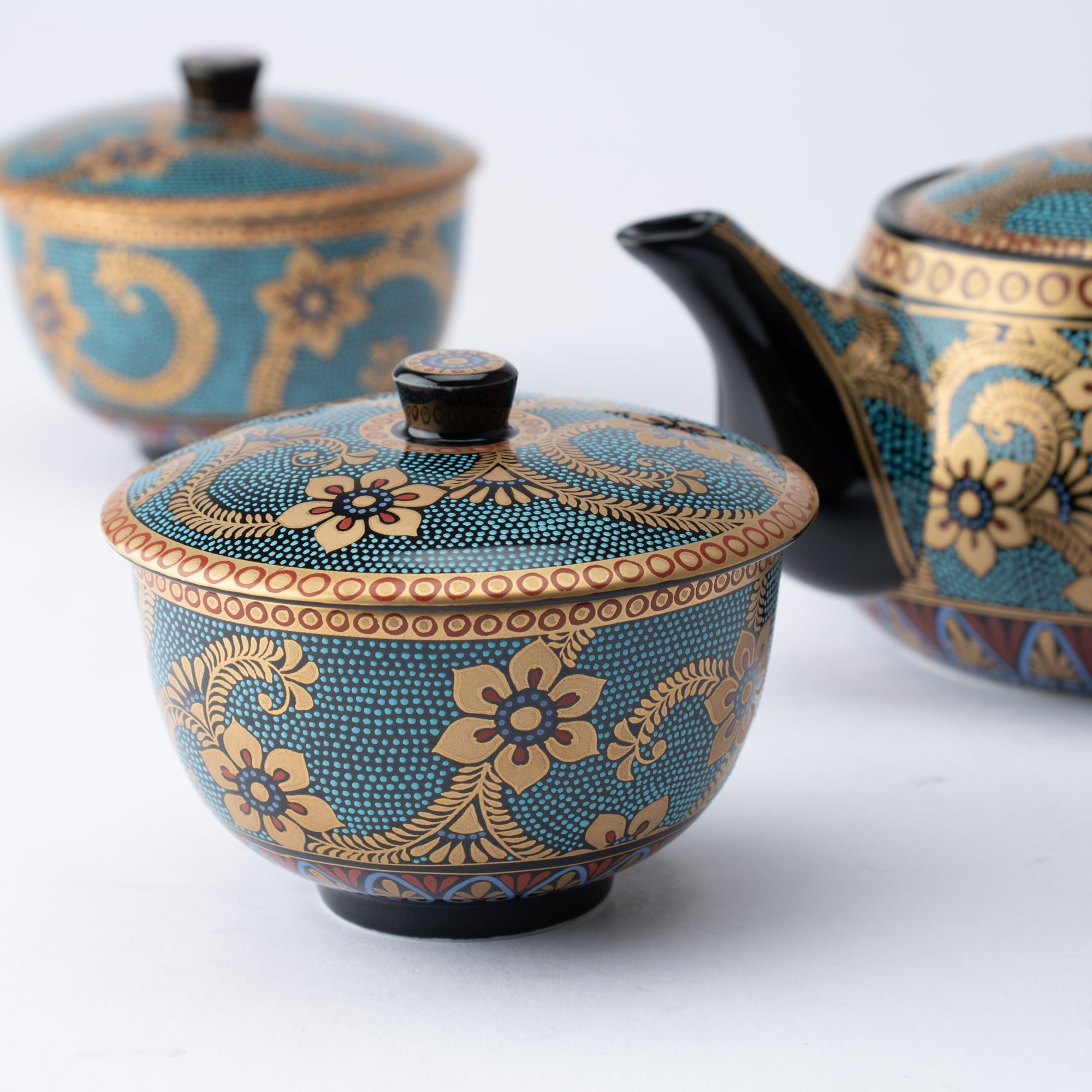 Aochibu and Gold Arabesque Kutani Japanese Teapot Set - MUSUBI KILN - Quality Japanese Tableware and Gift