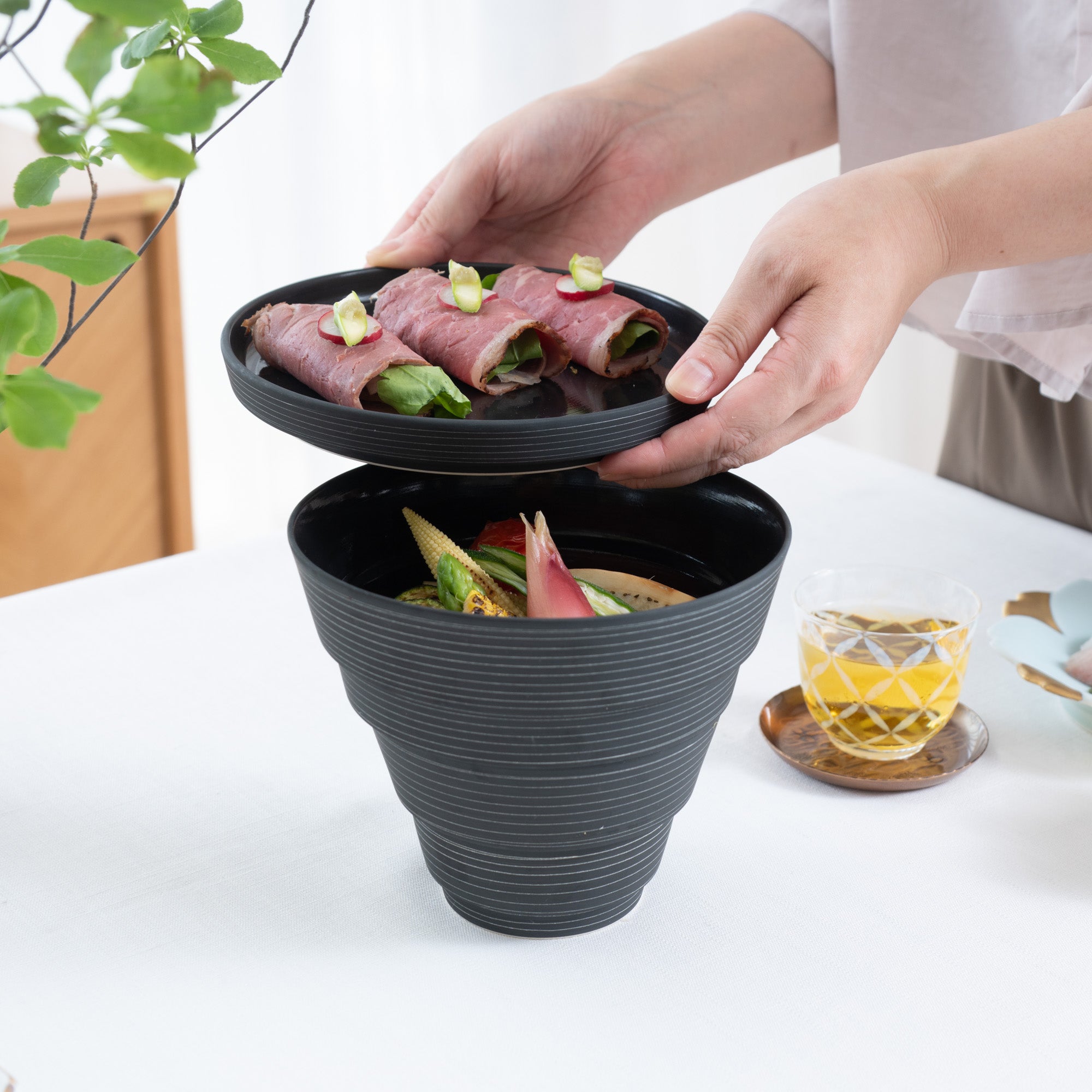 Arita Porcelain Lab Black Line Conic Modern Jubako Bento Box - MUSUBI KILN - Quality Japanese Tableware and Gift