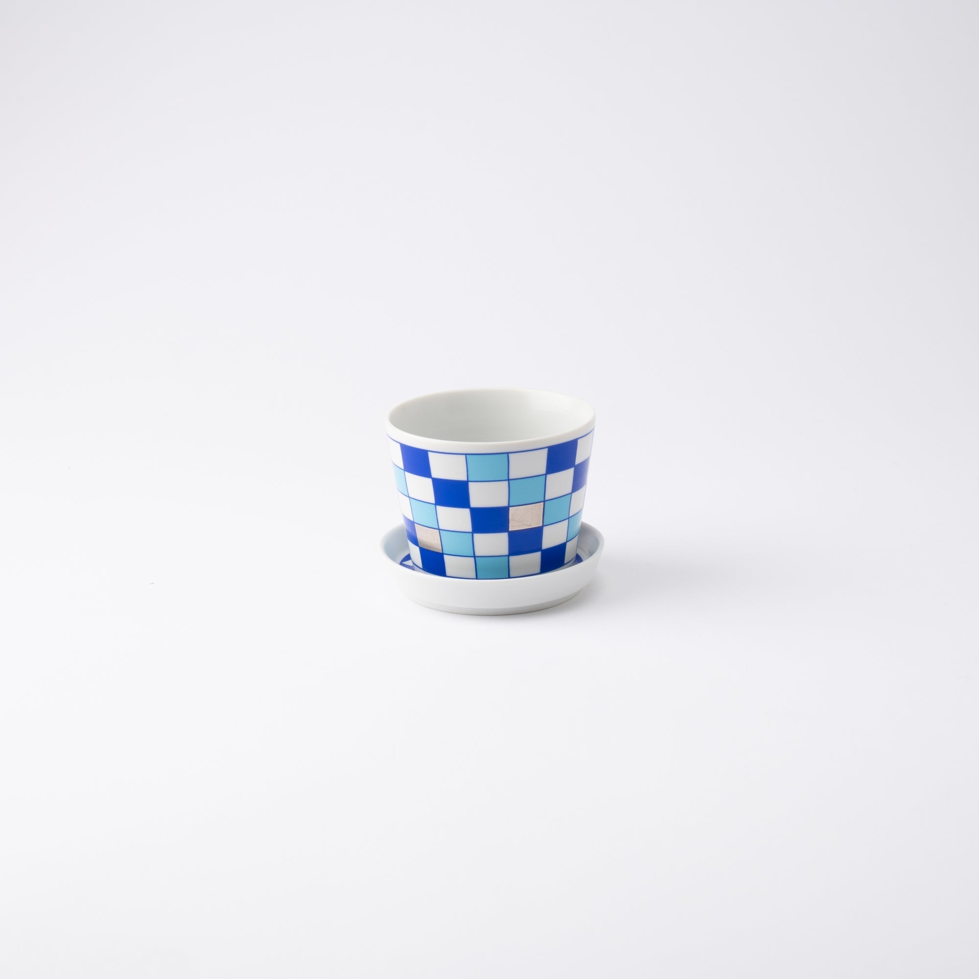 Arita Porcelain Lab Japan Blue Checkered Pattern Soba Choko Cup and Condiment Plate Set - MUSUBI KILN - Quality Japanese Tableware and Gift