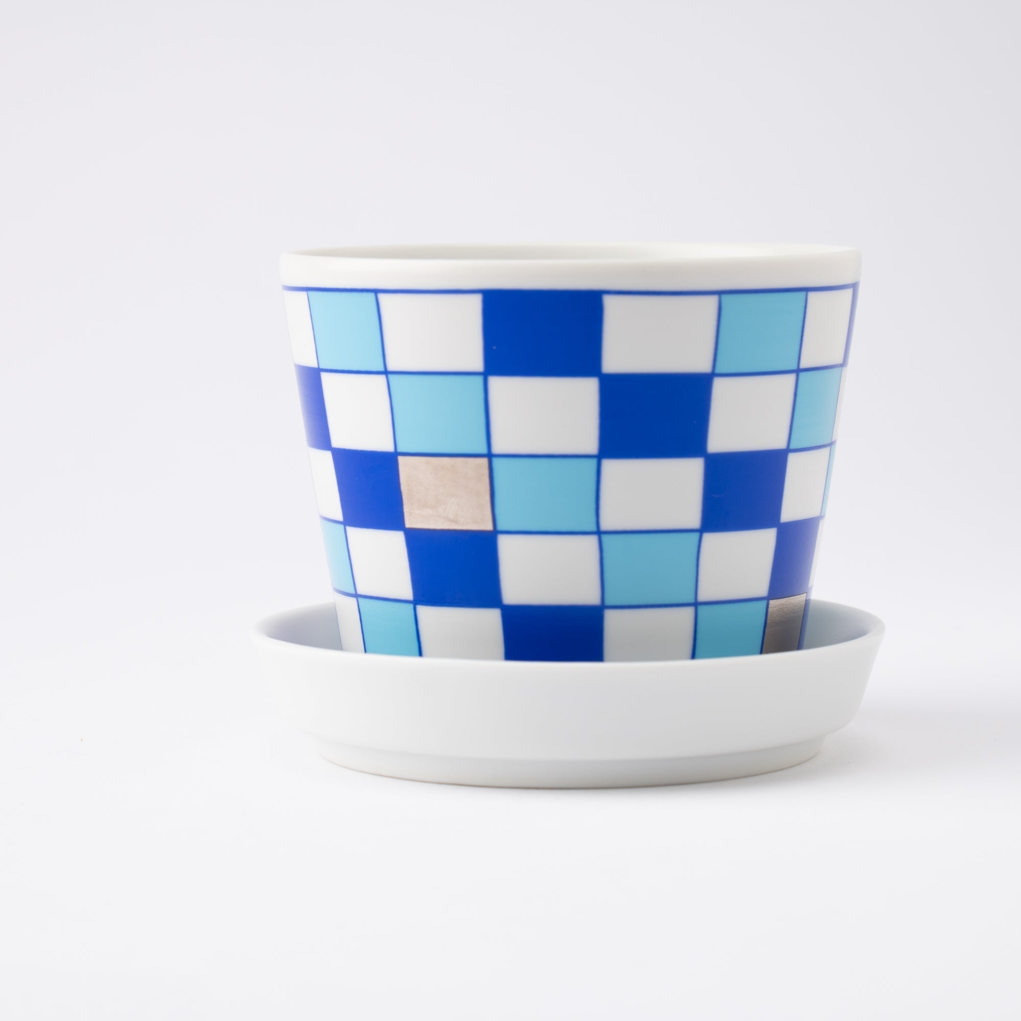 Arita Porcelain Lab Japan Blue Checkered Pattern Soba Choko Cup and Condiment Plate Set - MUSUBI KILN - Quality Japanese Tableware and Gift