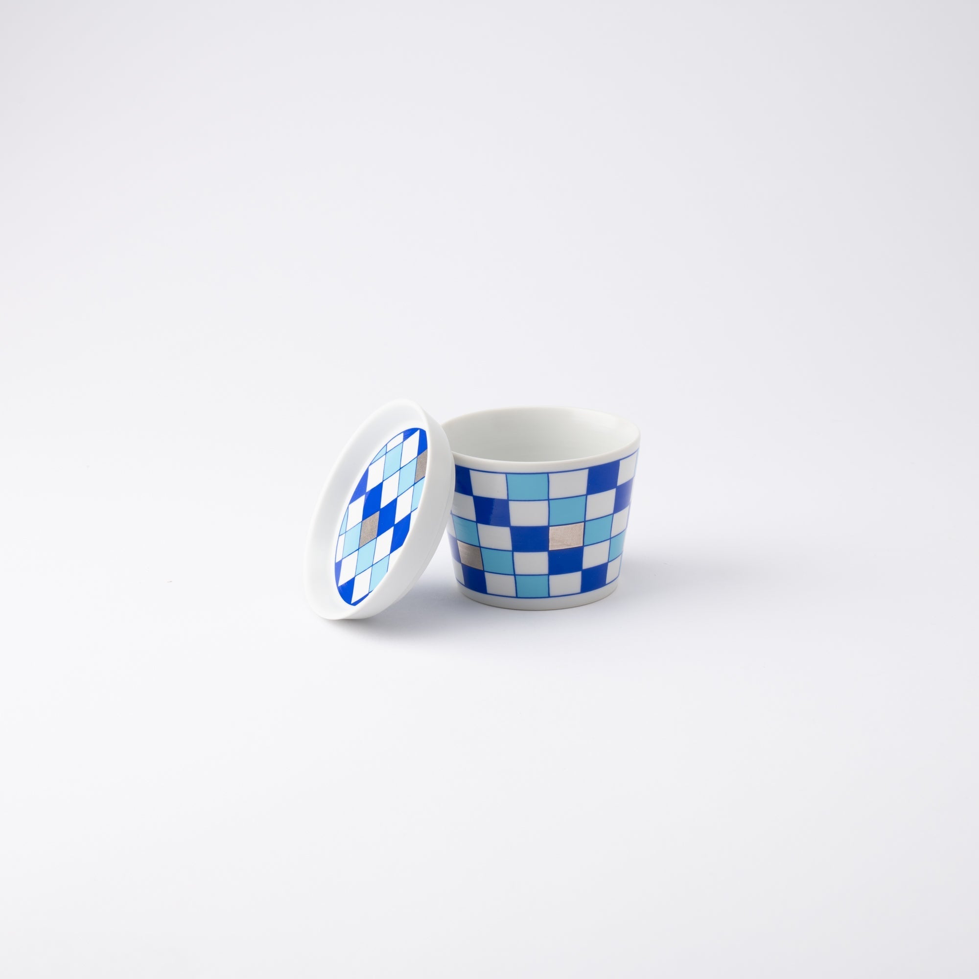 Arita Porcelain Lab Japan Blue Checkered Pattern Soba Choko Cup and Condiment Plate Set - MUSUBI KILN - Quality Japanese Tableware and Gift