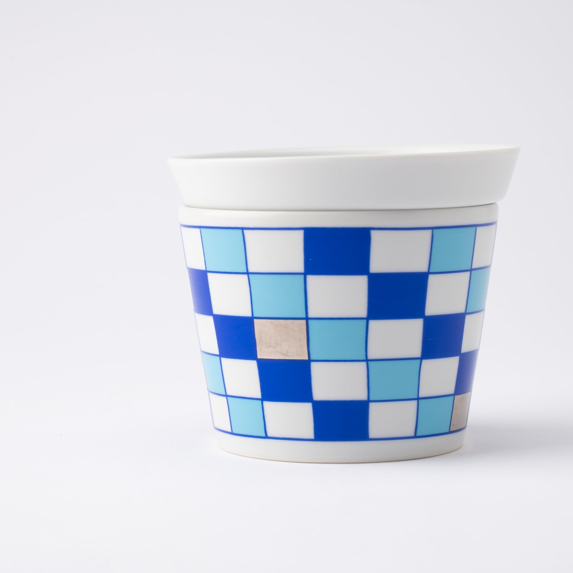 Arita Porcelain Lab Japan Blue Checkered Pattern Soba Choko Cup and Condiment Plate Set - MUSUBI KILN - Quality Japanese Tableware and Gift