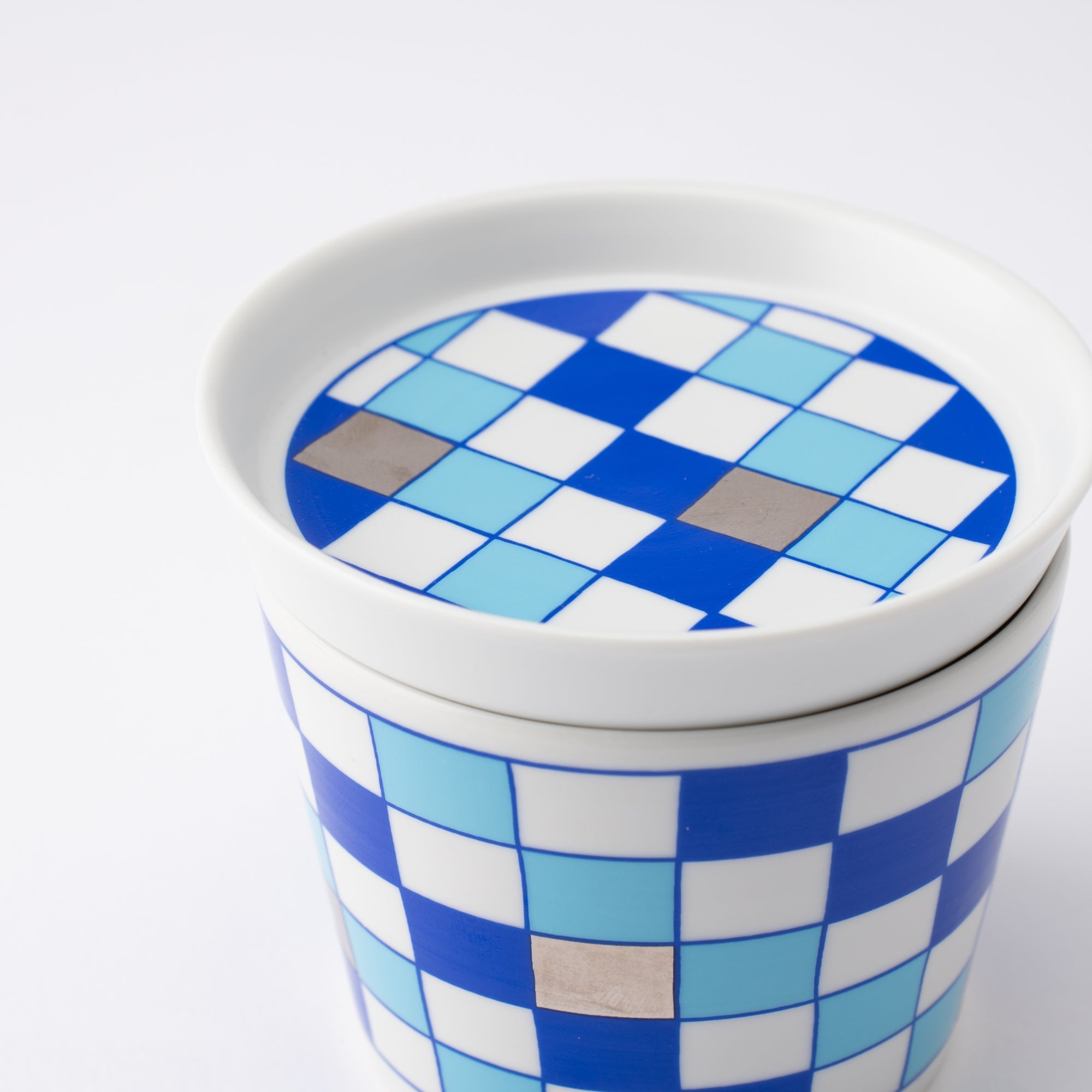 Arita Porcelain Lab Japan Blue Checkered Pattern Soba Choko Cup and Condiment Plate Set - MUSUBI KILN - Quality Japanese Tableware and Gift