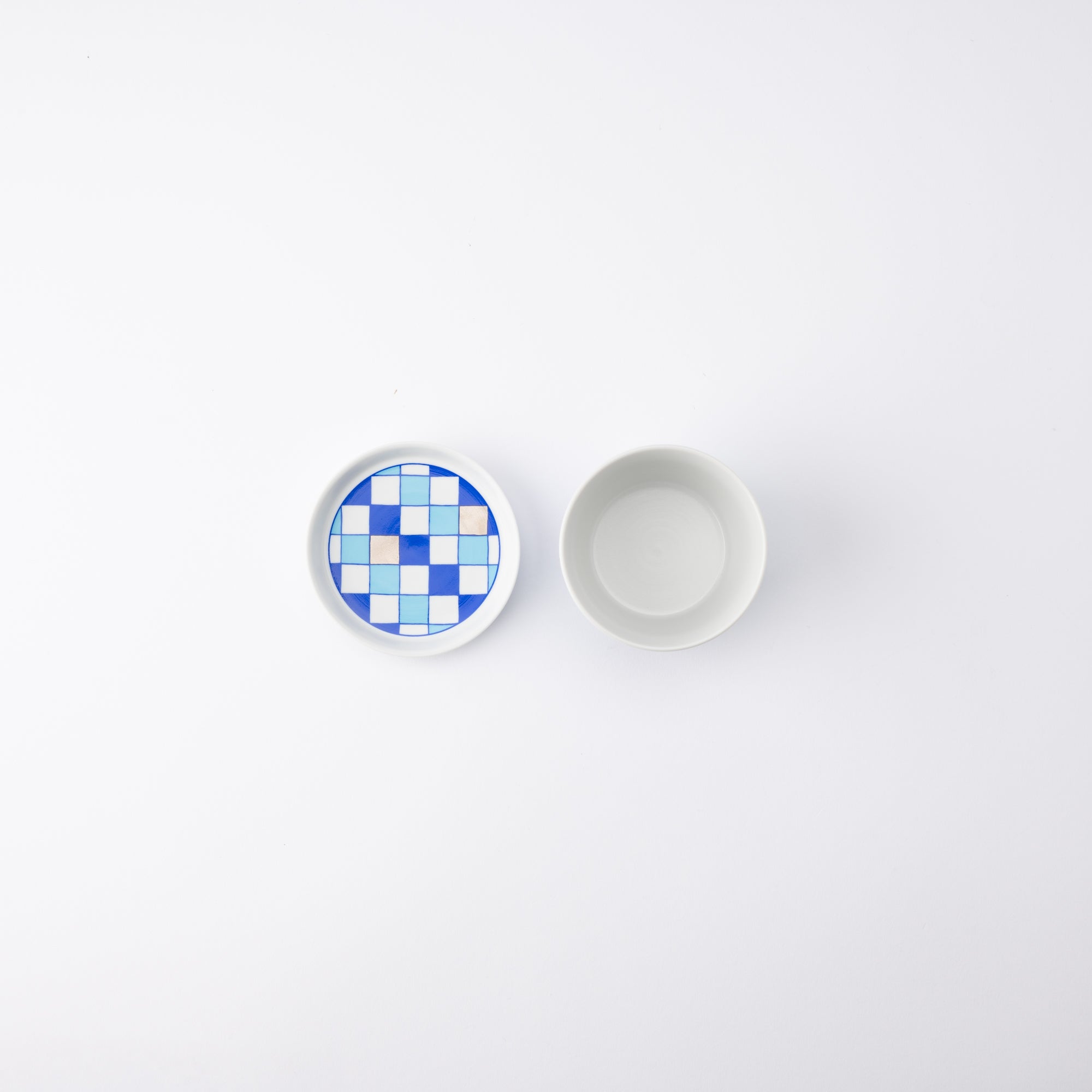 Arita Porcelain Lab Japan Blue Checkered Pattern Soba Choko Cup and Condiment Plate Set - MUSUBI KILN - Quality Japanese Tableware and Gift