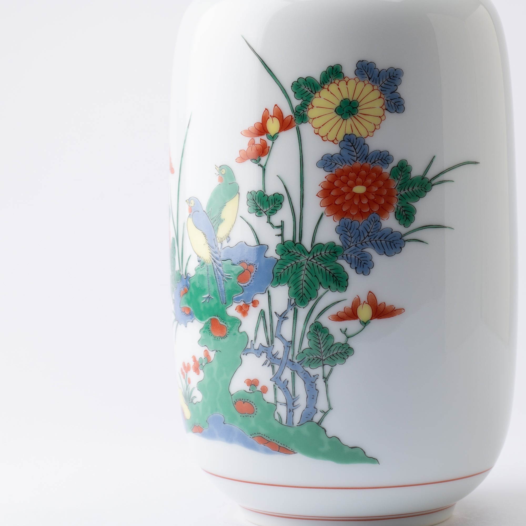 Arita Porcelain Lab Yazaemon Flower Bird Rock Chrysanthemum Flower Vase - MUSUBI KILN - Quality Japanese Tableware and Gift