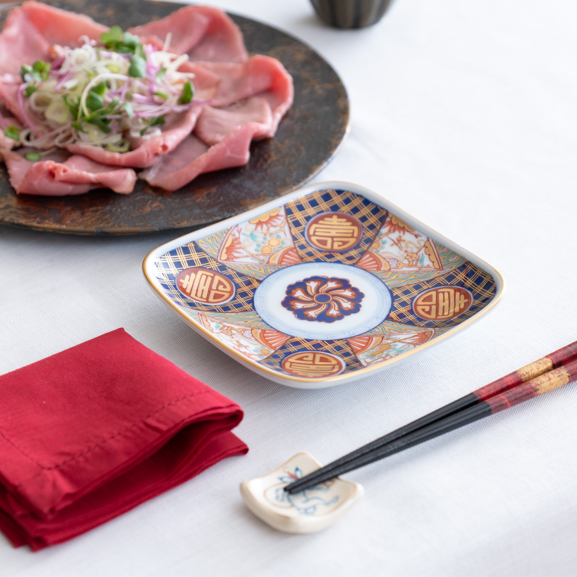 Arita Porcelain Lab Yazaemon Somenishiki "Kotobuki" Pattern Serving Plate Set - MUSUBI KILN - Quality Japanese Tableware and Gift
