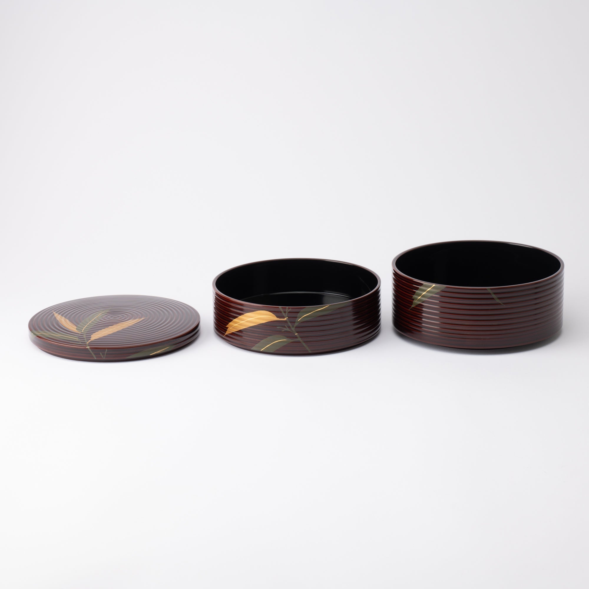 Bamboo Grass Maki - e Yamanaka Lacquerware Two Tiers Round Jubako Bento Box - MUSUBI KILN - Quality Japanese Tableware and Gift