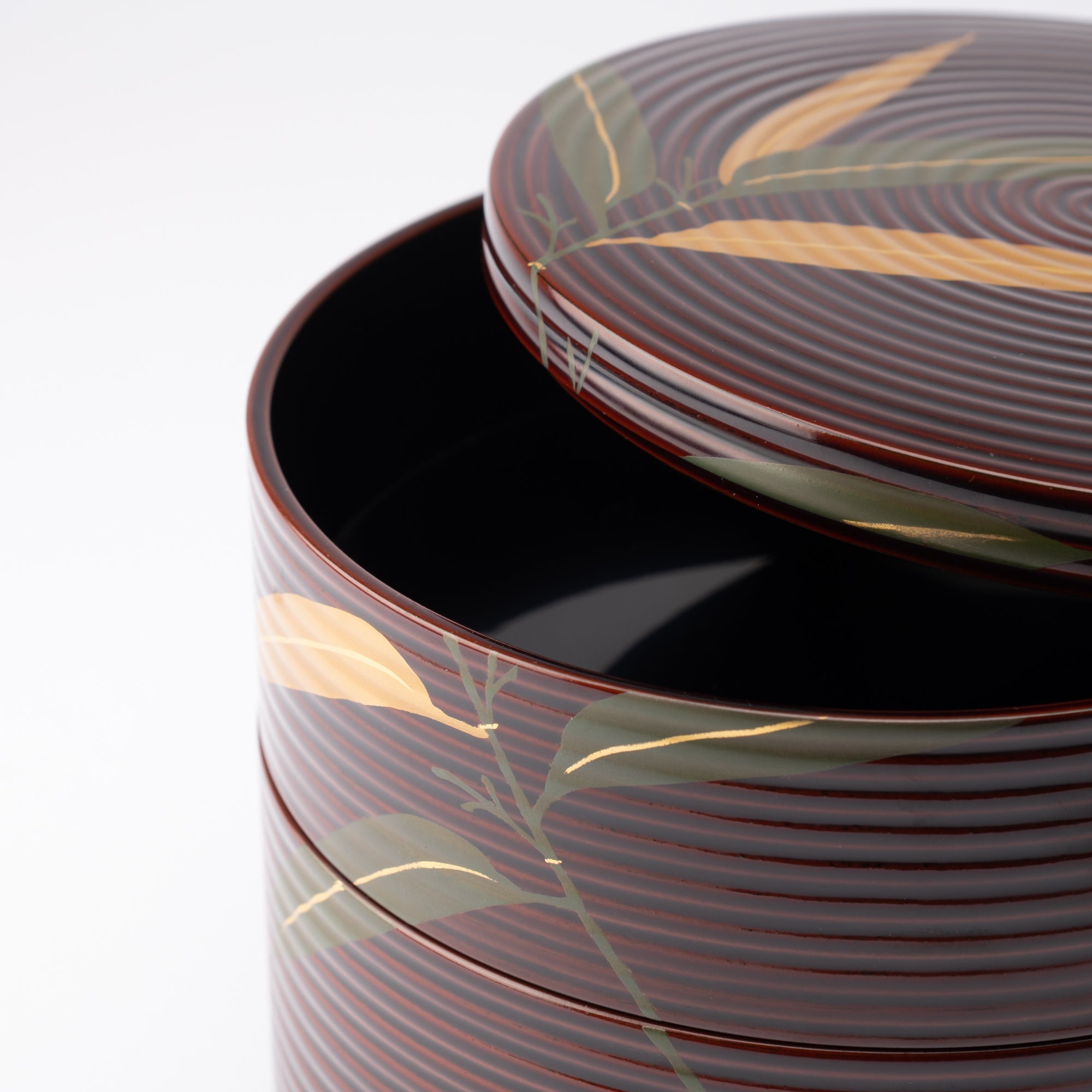 Bamboo Grass Maki - e Yamanaka Lacquerware Two Tiers Round Jubako Bento Box - MUSUBI KILN - Quality Japanese Tableware and Gift