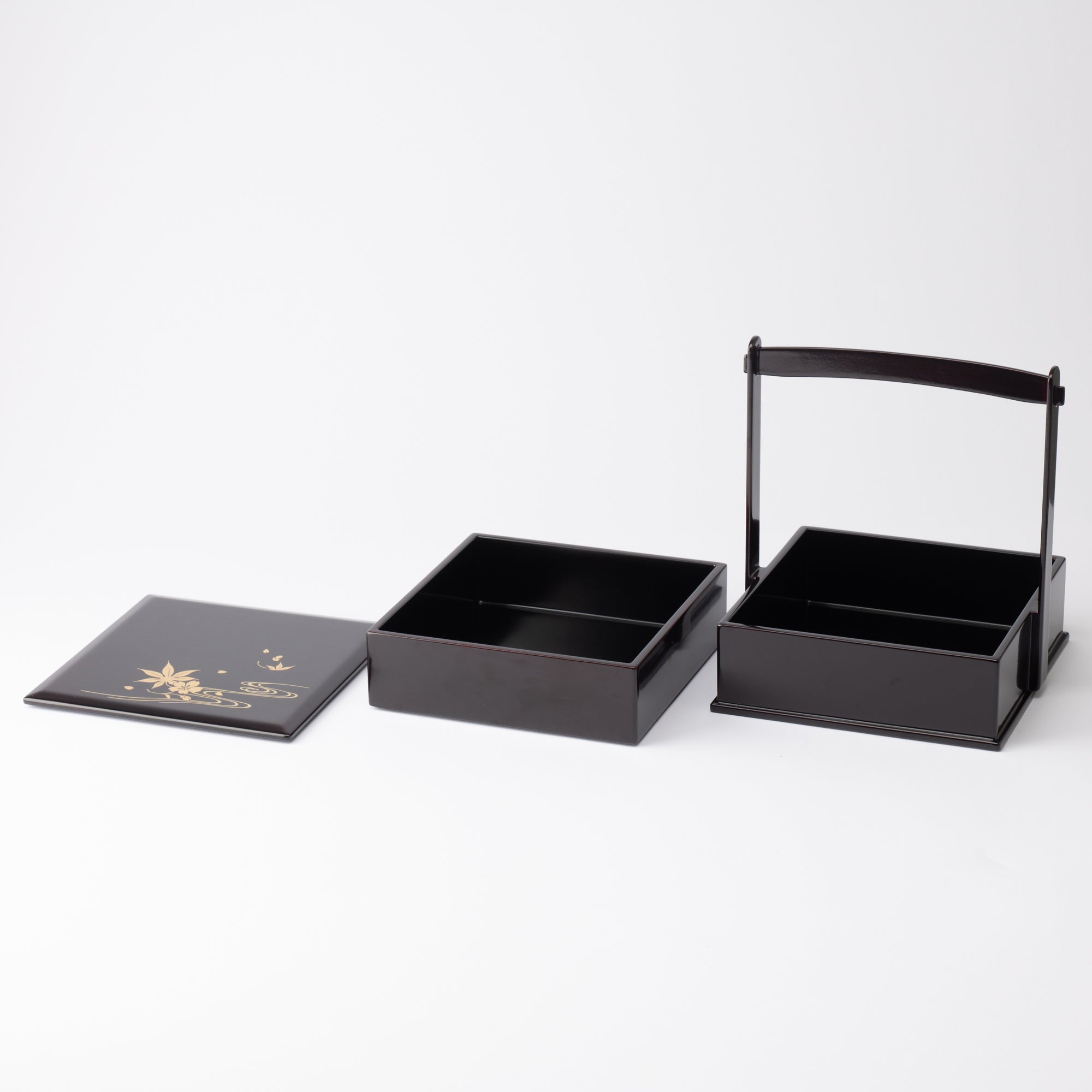 Black Running Water Echizen Lacquerware Two Tiers Jubako Bento Box with Handle - MUSUBI KILN - Quality Japanese Tableware and Gift