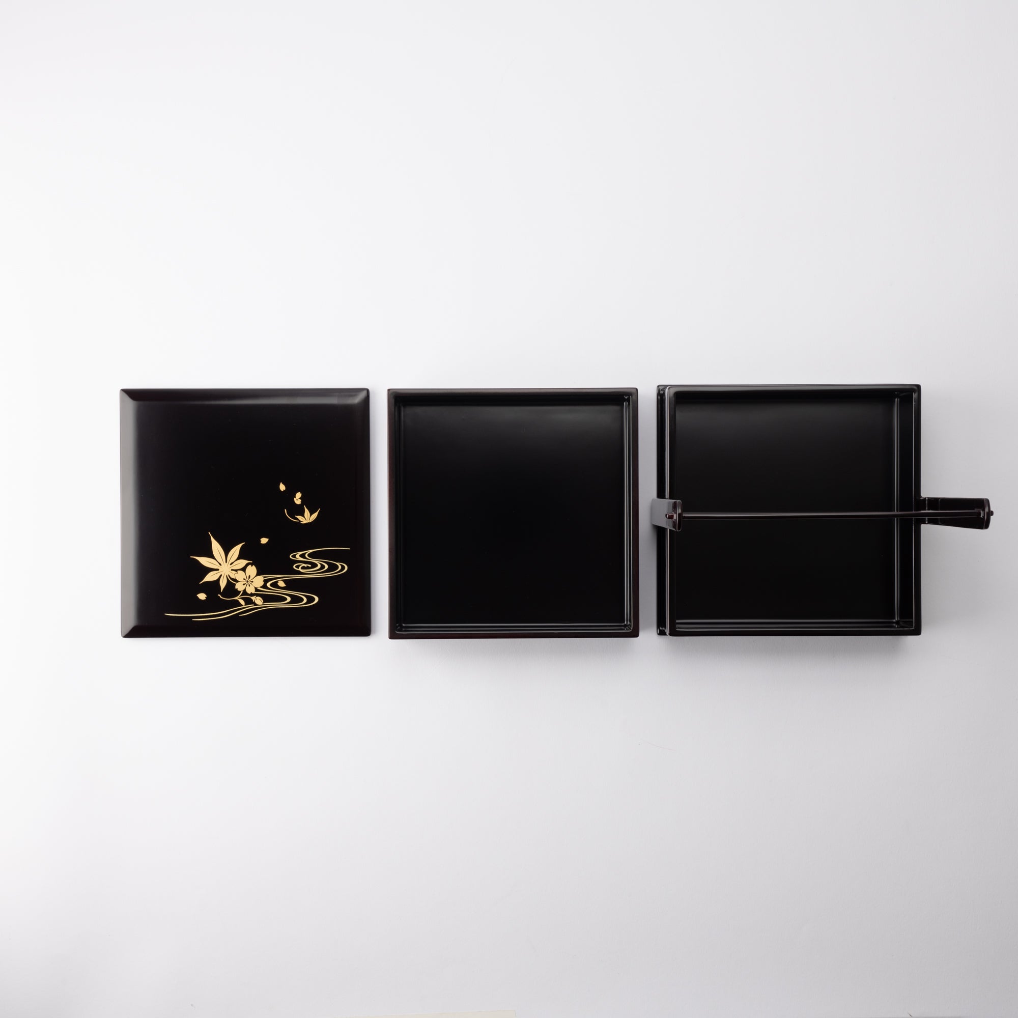 Black Running Water Echizen Lacquerware Two Tiers Jubako Bento Box with Handle - MUSUBI KILN - Quality Japanese Tableware and Gift