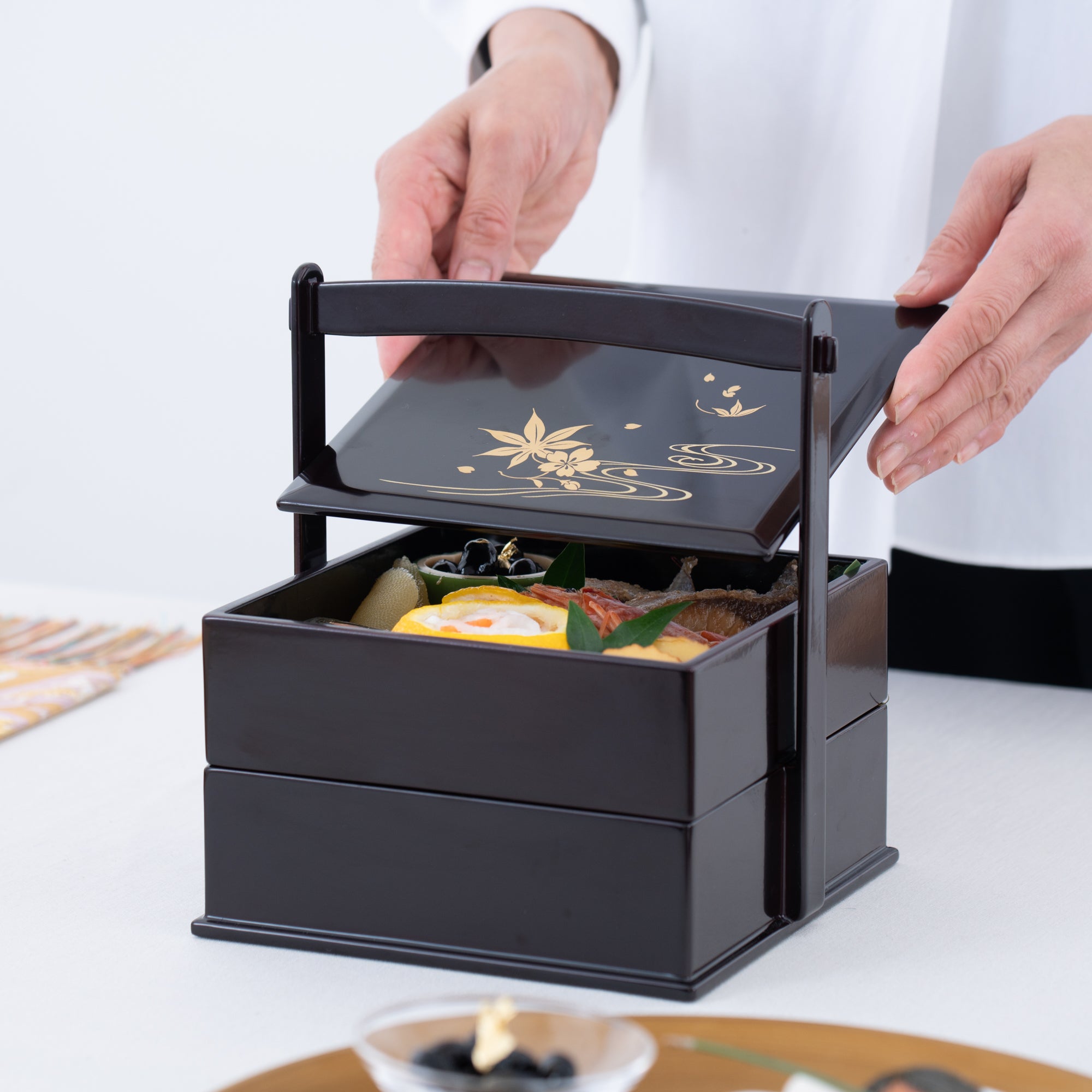Black Running Water Echizen Lacquerware Two Tiers Jubako Bento Box with Handle - MUSUBI KILN - Quality Japanese Tableware and Gift