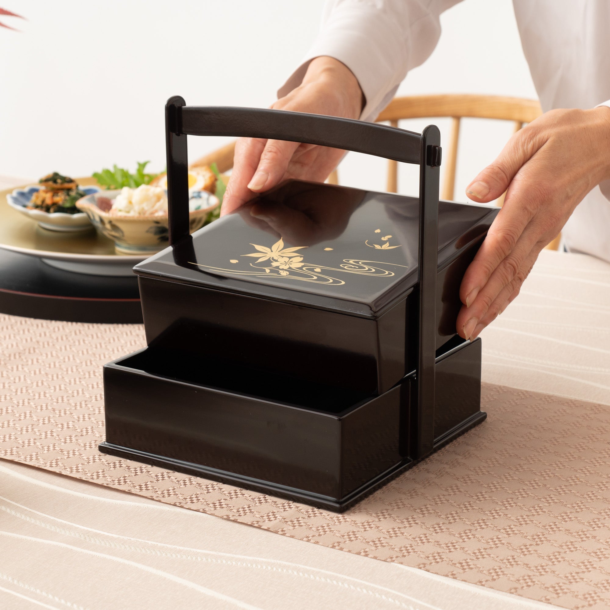 Black Running Water Echizen Lacquerware Two Tiers Jubako Bento Box with Handle - MUSUBI KILN - Quality Japanese Tableware and Gift