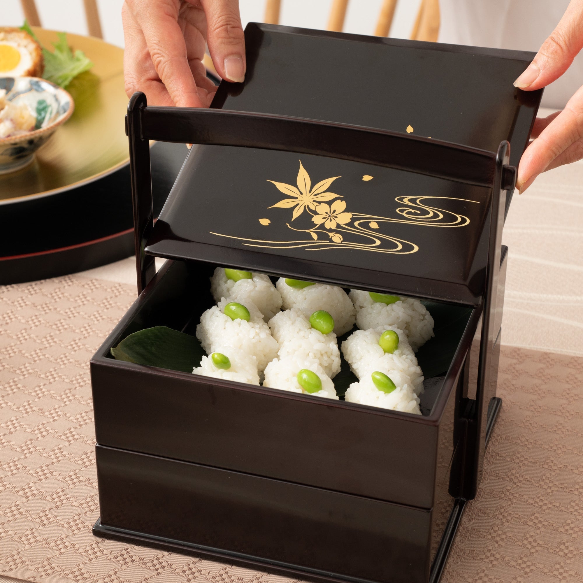 Black Running Water Echizen Lacquerware Two Tiers Jubako Bento Box with Handle - MUSUBI KILN - Quality Japanese Tableware and Gift
