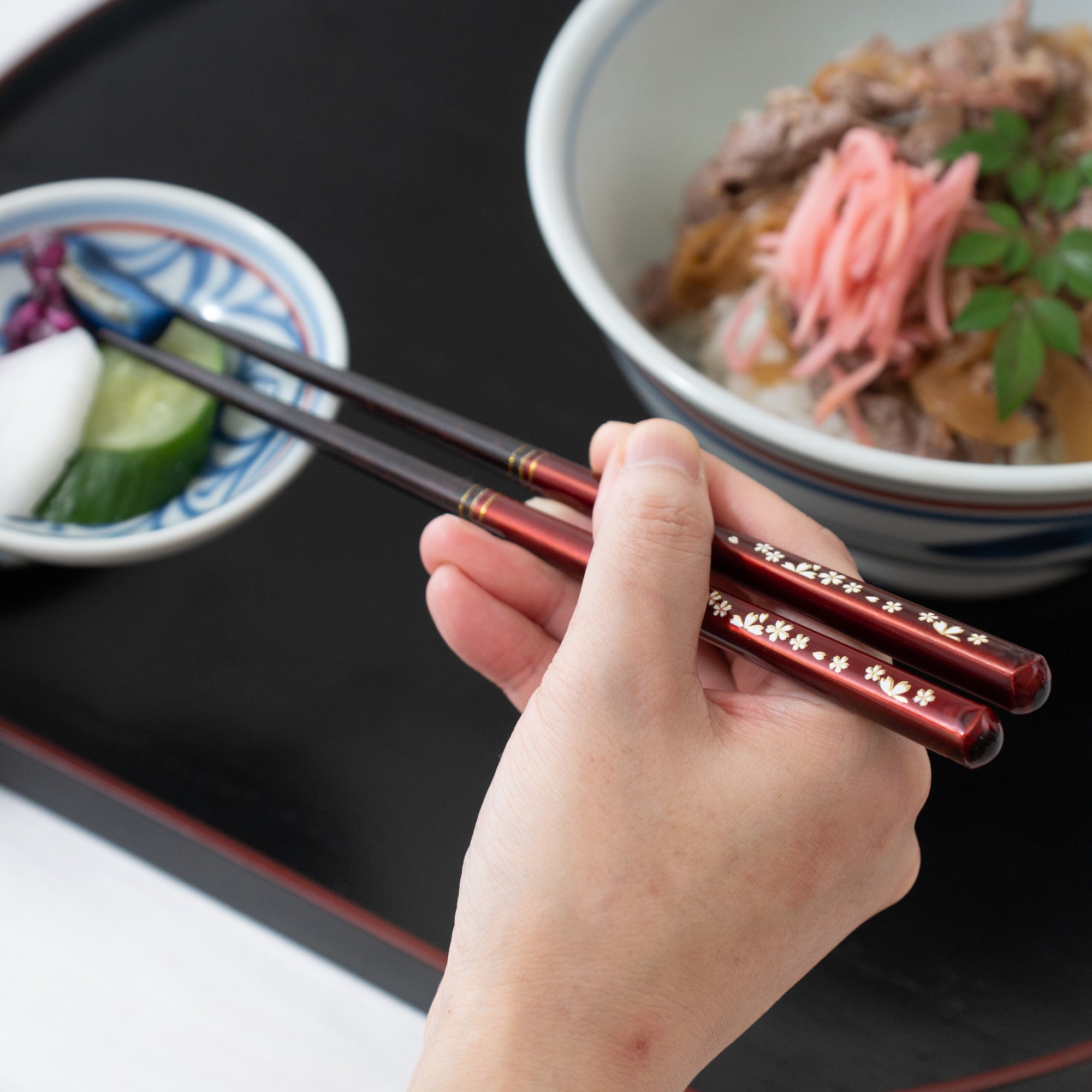 Cherry Blossoms Wakasa Lacquerware Chopsticks 23 cm (9 in) / 21 cm (8.3 in) and Apple Chopstick Rests (Set of Two) - MUSUBI KILN - Quality Japanese Tableware and Gift