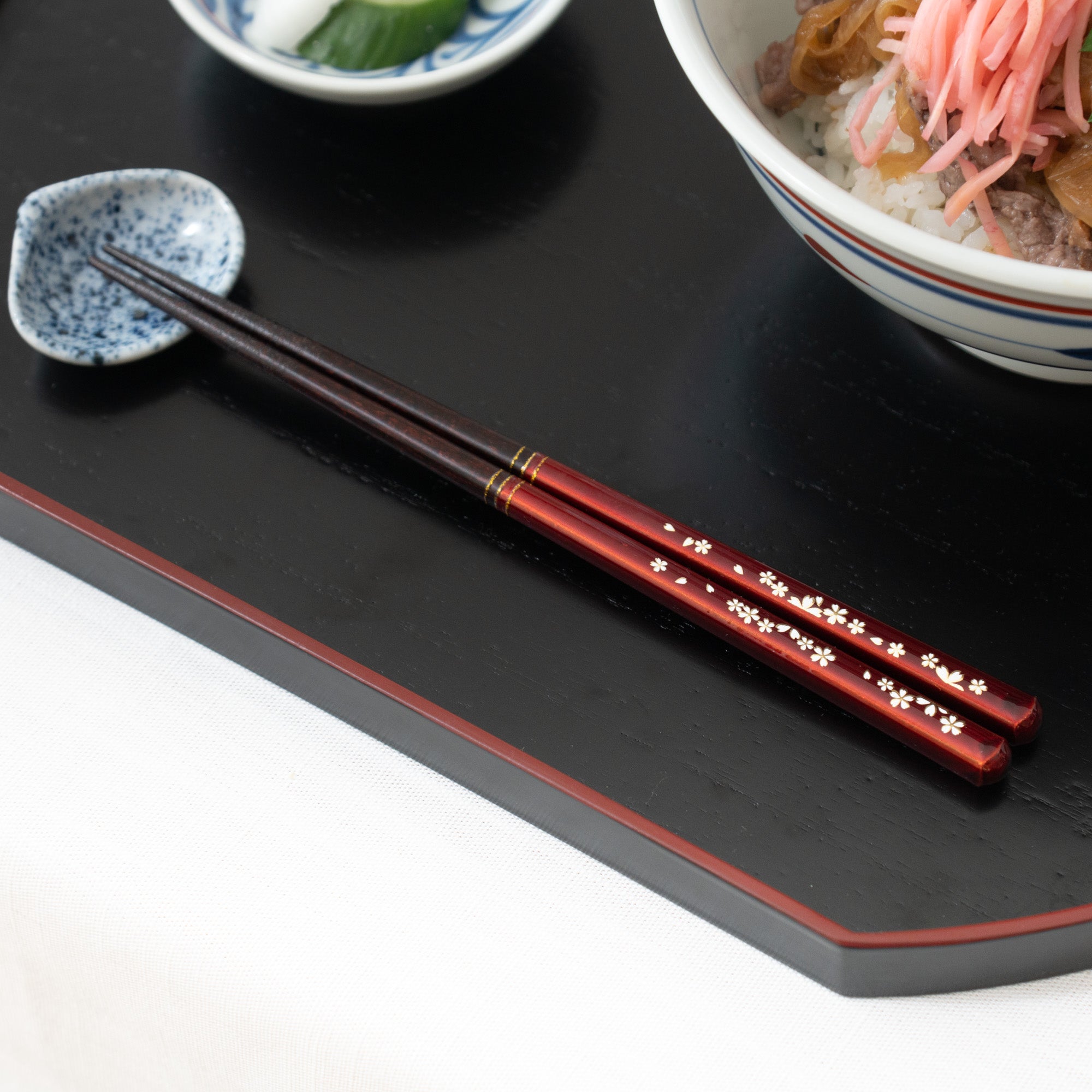 Cherry Blossoms Wakasa Lacquerware Chopsticks 23 cm (9 in) / 21 cm (8.3 in) and Apple Chopstick Rests (Set of Two) - MUSUBI KILN - Quality Japanese Tableware and Gift