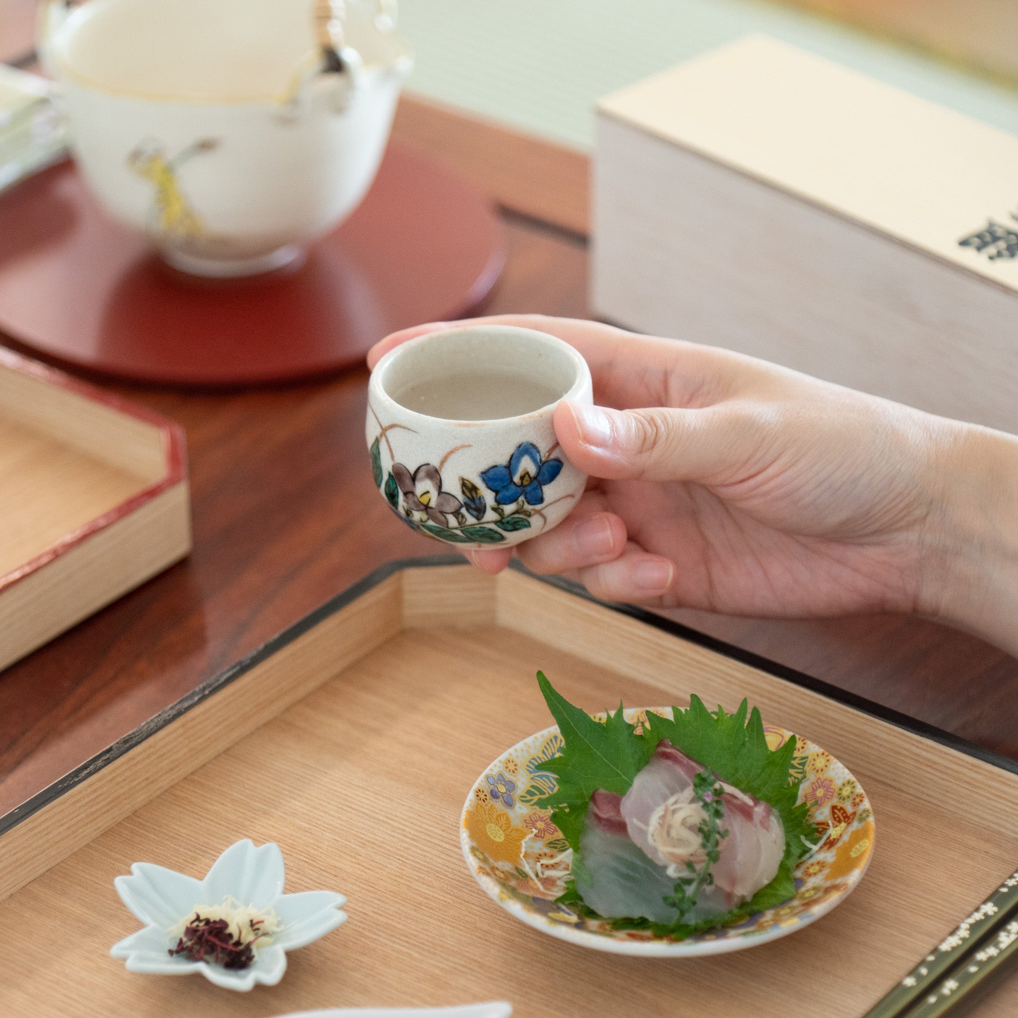 Five Flowers Kutani Ochoko Sake Cup Set - MUSUBI KILN - Quality Japanese Tableware and Gift