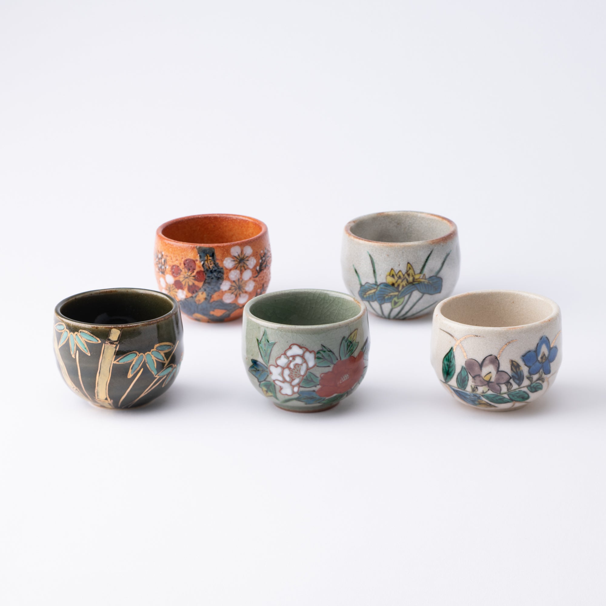 Five Flowers Kutani Ochoko Sake Cup Set - MUSUBI KILN - Quality Japanese Tableware and Gift