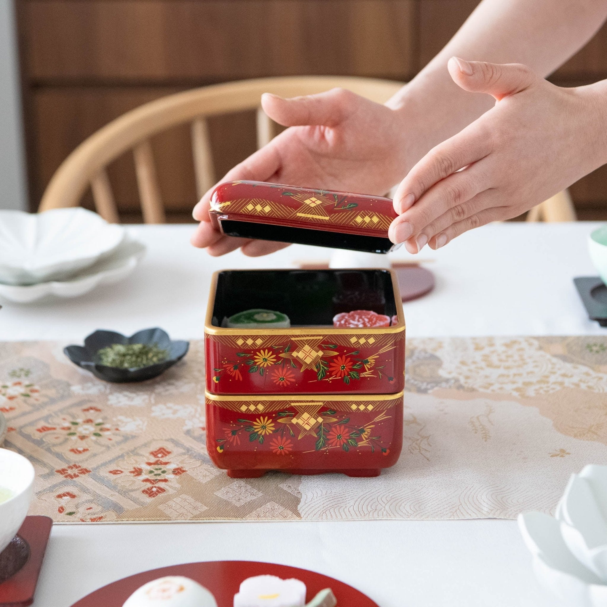 Fukunishi Sobe Chrysanthemum Aizu Lacquerware Two Tiers Jubako Bento Box - MUSUBI KILN - Quality Japanese Tableware and Gift