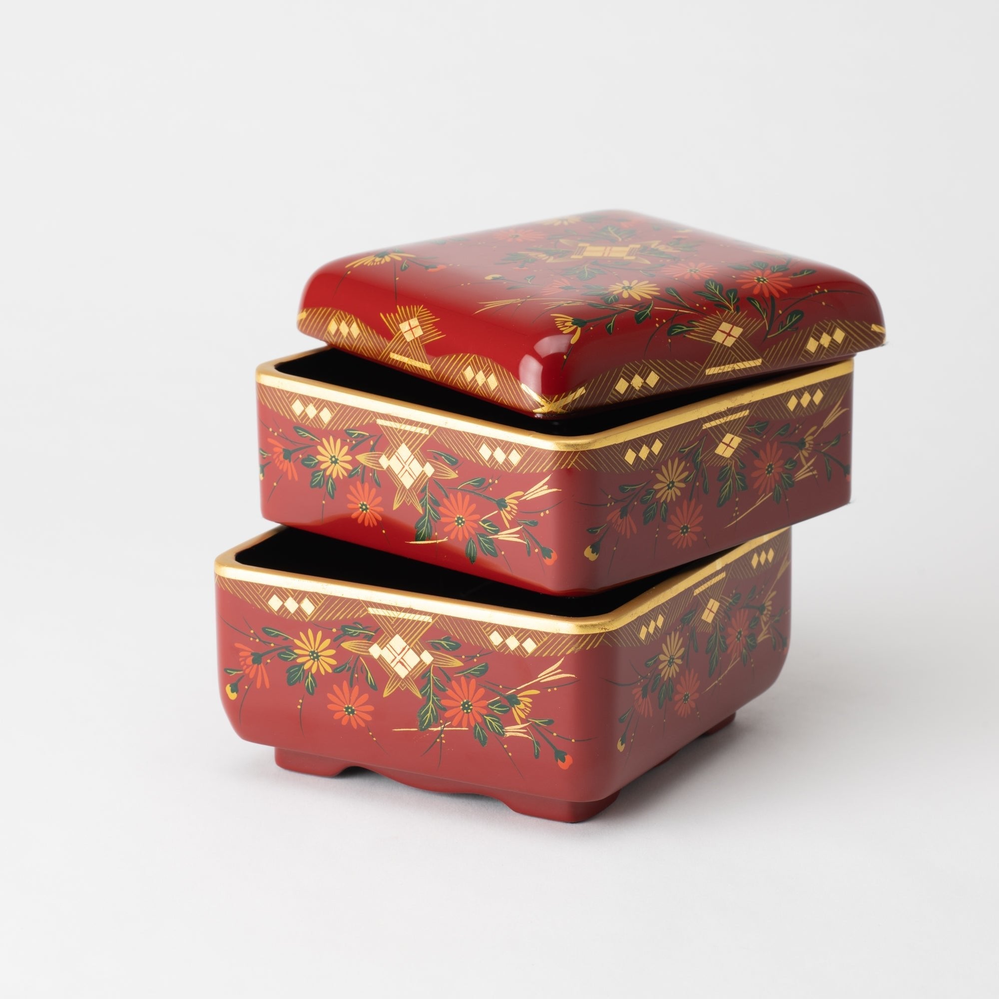 Fukunishi Sobe Chrysanthemum Aizu Lacquerware Two Tiers Jubako Bento Box - MUSUBI KILN - Quality Japanese Tableware and Gift