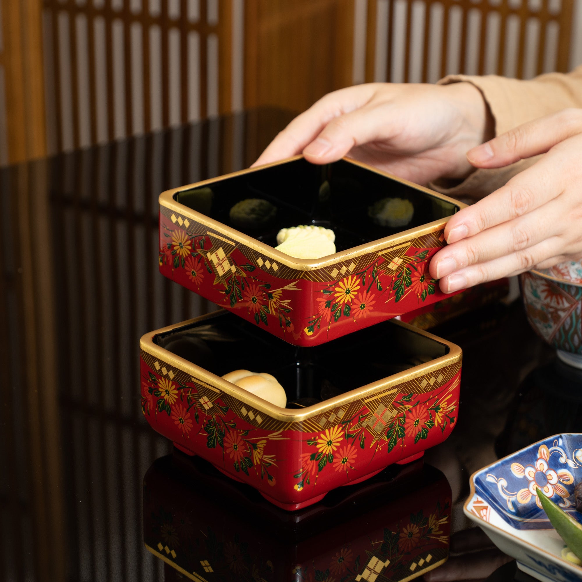 Fukunishi Sobe Chrysanthemum Aizu Lacquerware Two Tiers Jubako Bento Box - MUSUBI KILN - Quality Japanese Tableware and Gift
