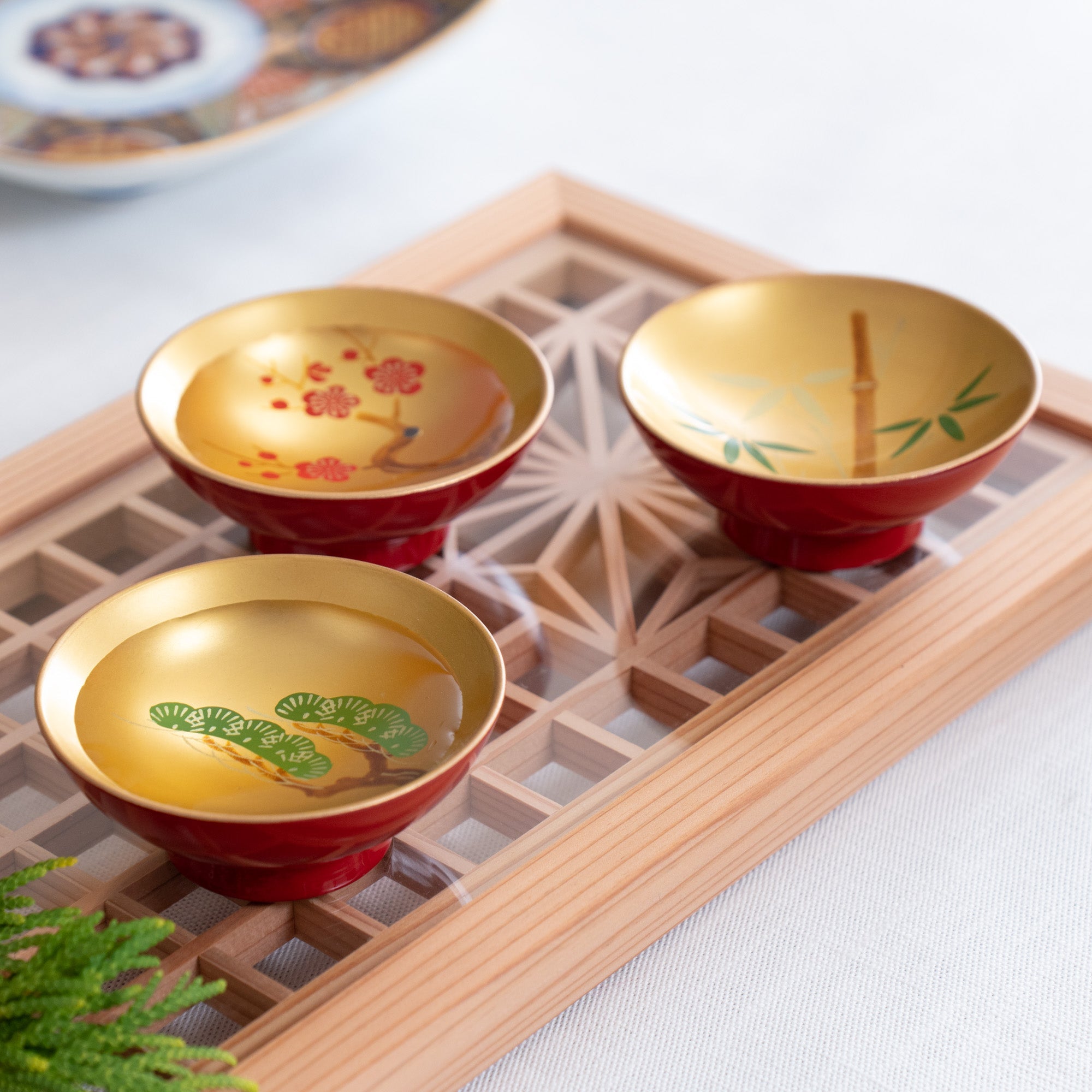 Fukunishi Sobe Pine, Bamboo and Plum Aizu Lacquerware Sakazuki Flat Sake Cup Set of 3 - MUSUBI KILN - Quality Japanese Tableware and Gift