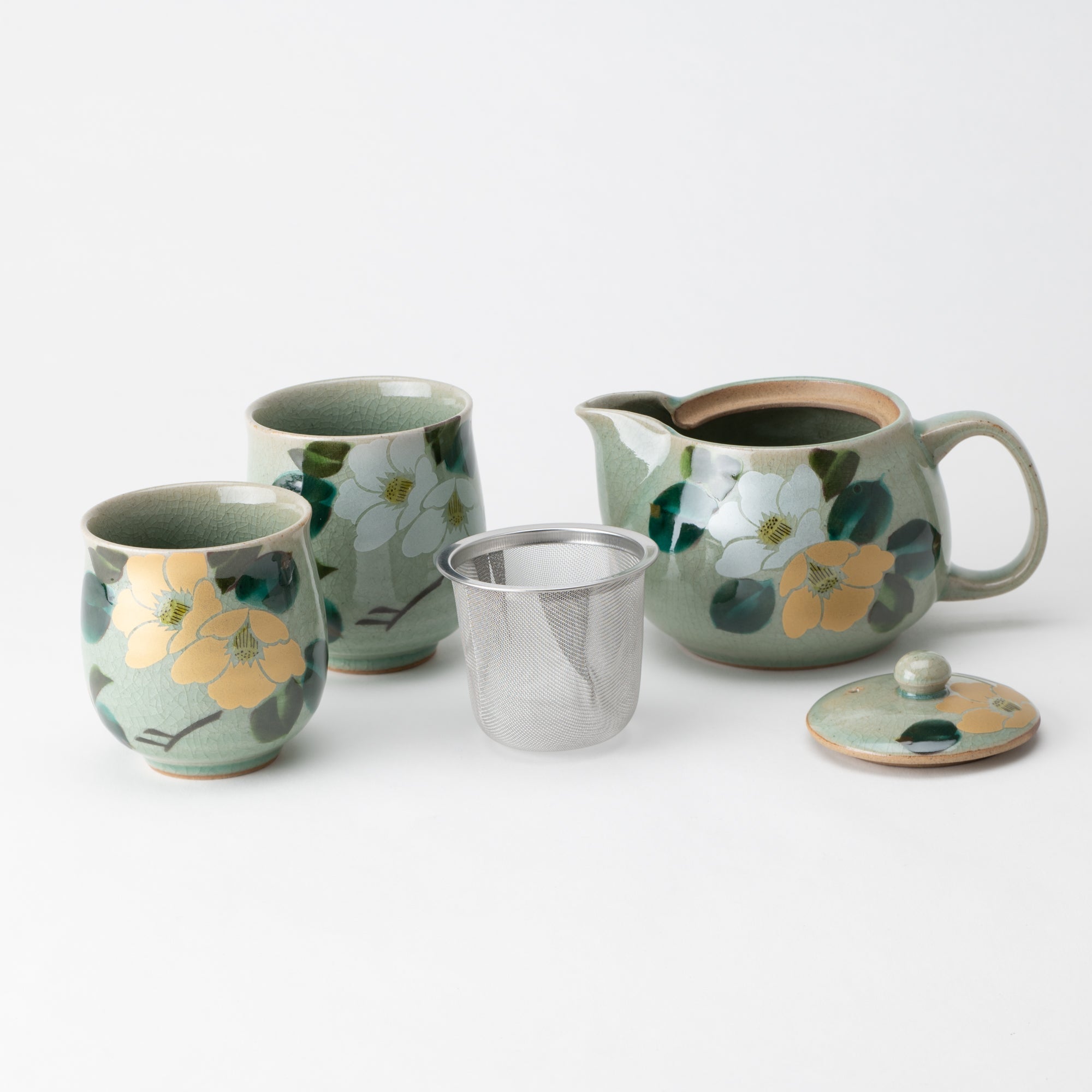 Gold and Silver Camellia Kutani Japanese Teapot Set - MUSUBI KILN - Quality Japanese Tableware and Gift