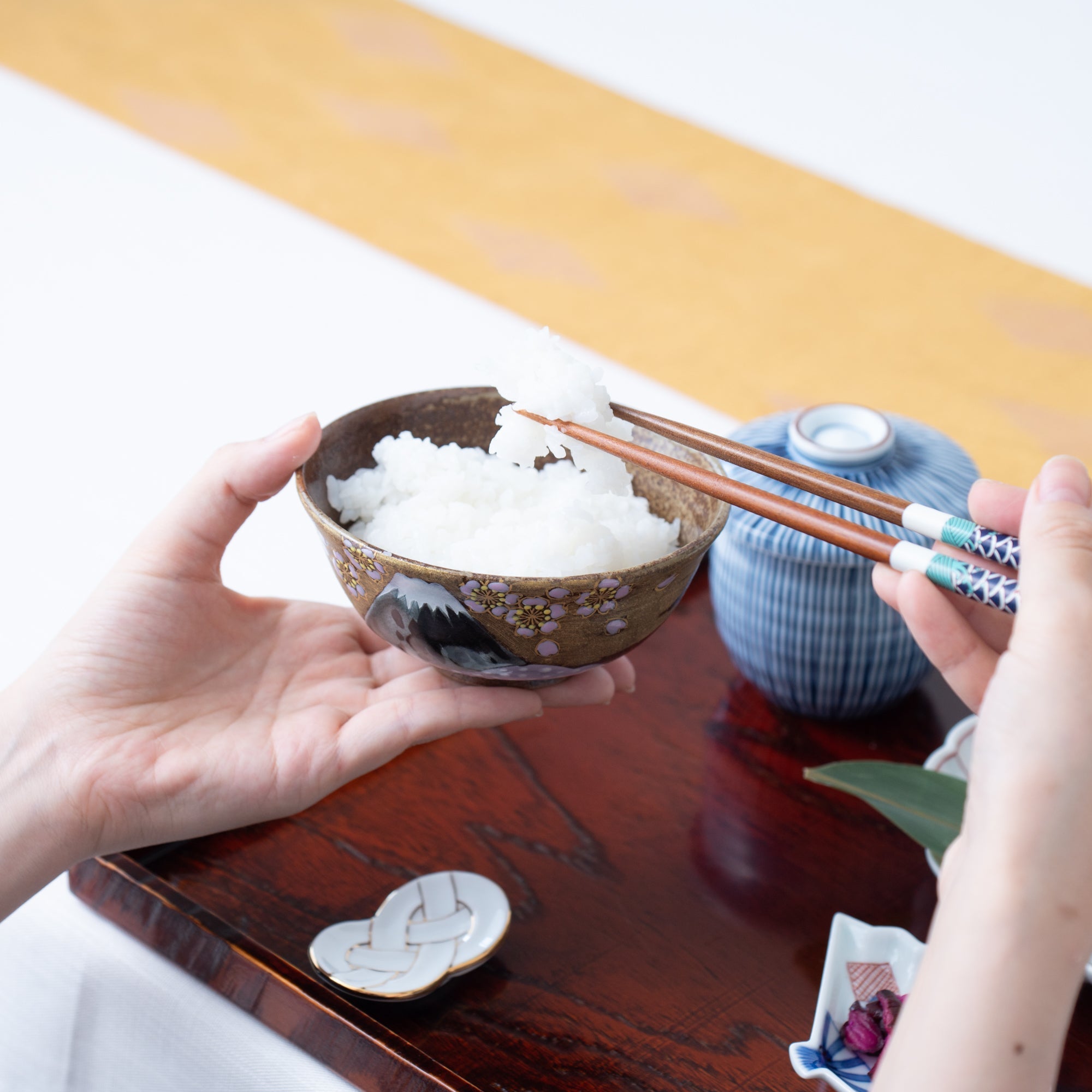 Golden Cloud, Sakura and Mt. Fuji Kutani Japanese Rice Bowl Pair - MUSUBI KILN - Quality Japanese Tableware and Gift