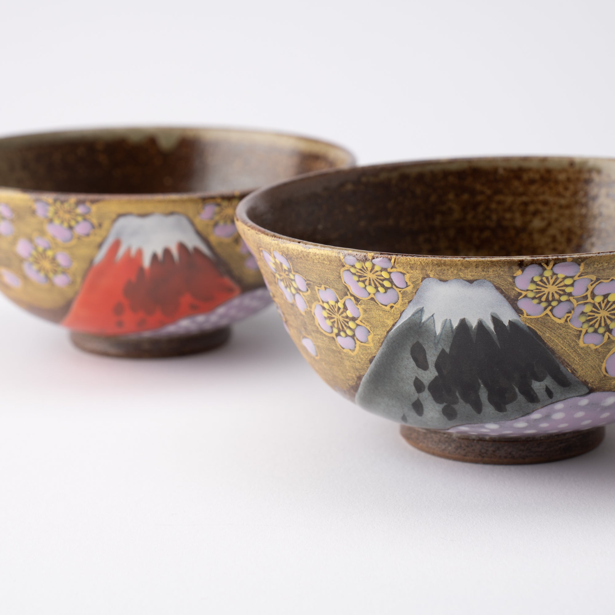 Golden Cloud, Sakura and Mt. Fuji Kutani Japanese Rice Bowl Pair - MUSUBI KILN - Quality Japanese Tableware and Gift