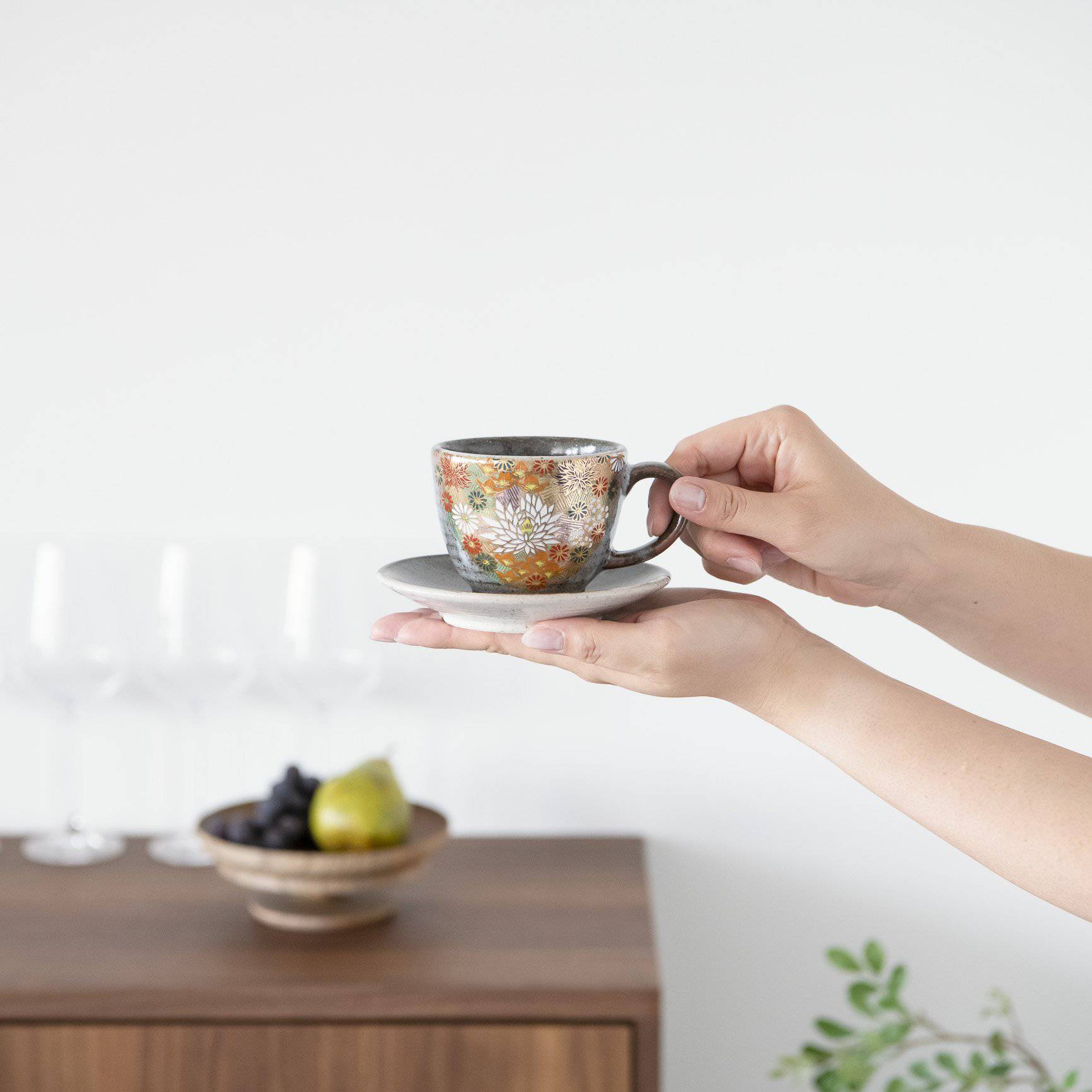 Hanazume Kutani Cup and Saucer - MUSUBI KILN - Quality Japanese Tableware and Gift