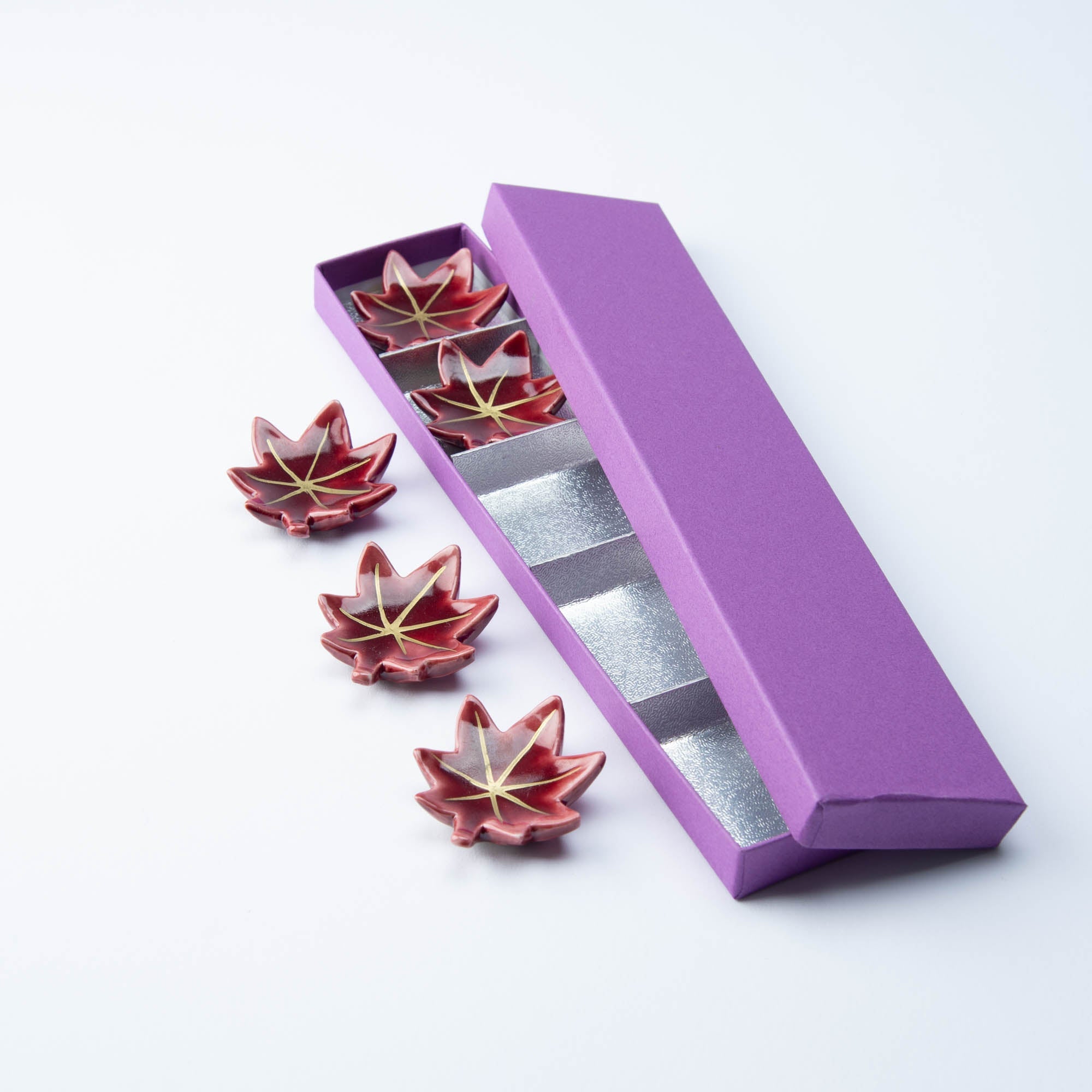 Hozan Kiln Red Autumn Leaves Kyo Ware Chopstick Rest Set - MUSUBI KILN - Quality Japanese Tableware and Gift