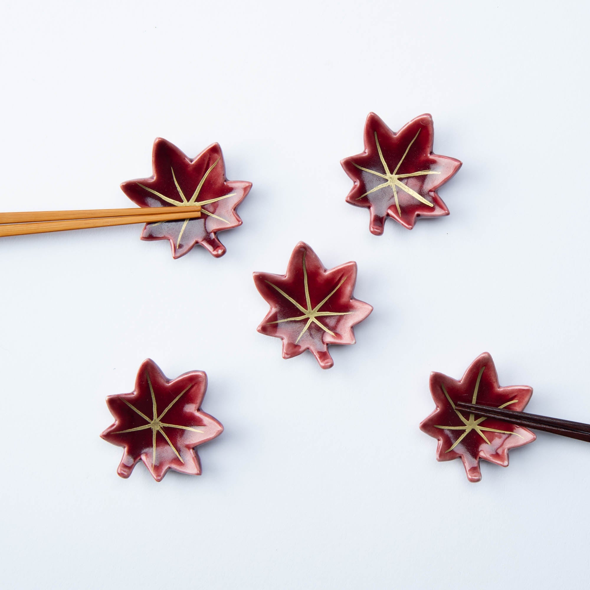 Hozan Kiln Red Autumn Leaves Kyo Ware Chopstick Rest Set - MUSUBI KILN - Quality Japanese Tableware and Gift