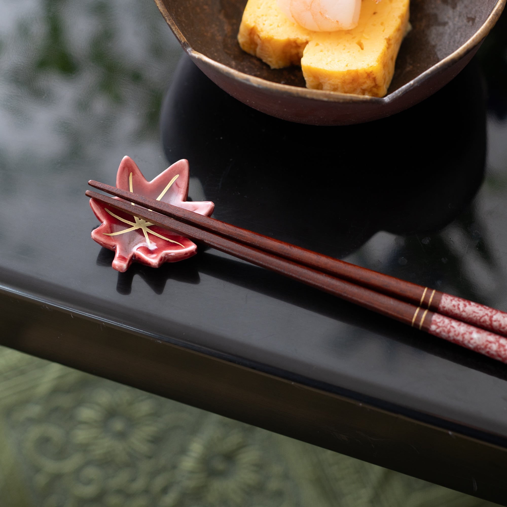 Hozan Kiln Red Autumn Leaves Kyo Ware Chopstick Rest Set - MUSUBI KILN - Quality Japanese Tableware and Gift